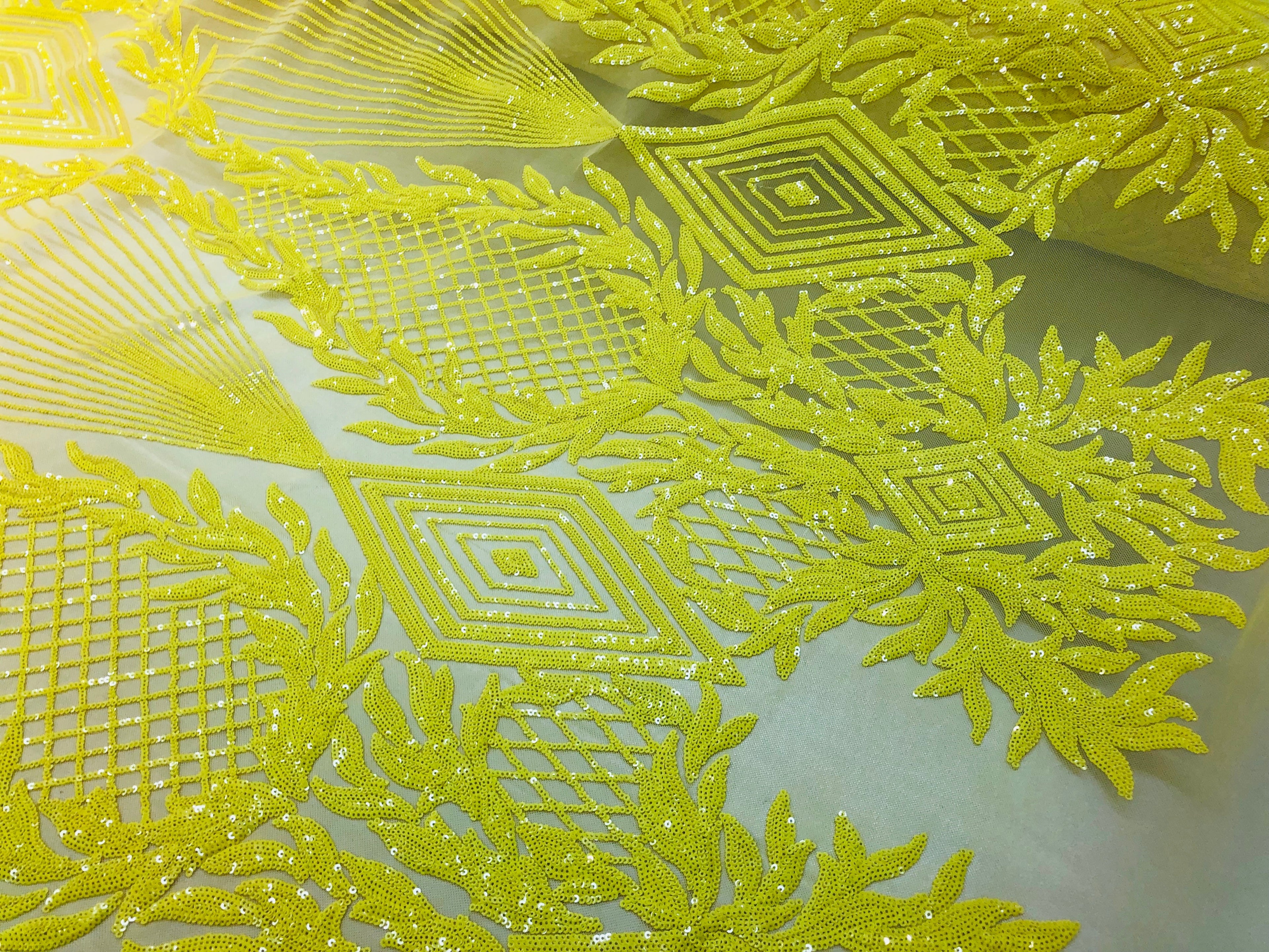 4 Way Stretch - Yellow - Geometric Design Sequins On Mesh Beautiful Fashion Fabrics Sold By Yard