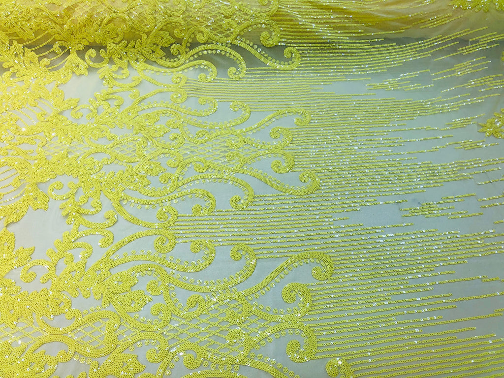 4 Way Stretch - Yellow - Damask Net Design Sequins On Mesh Elegant Fashion Fabrics Sold By Yard