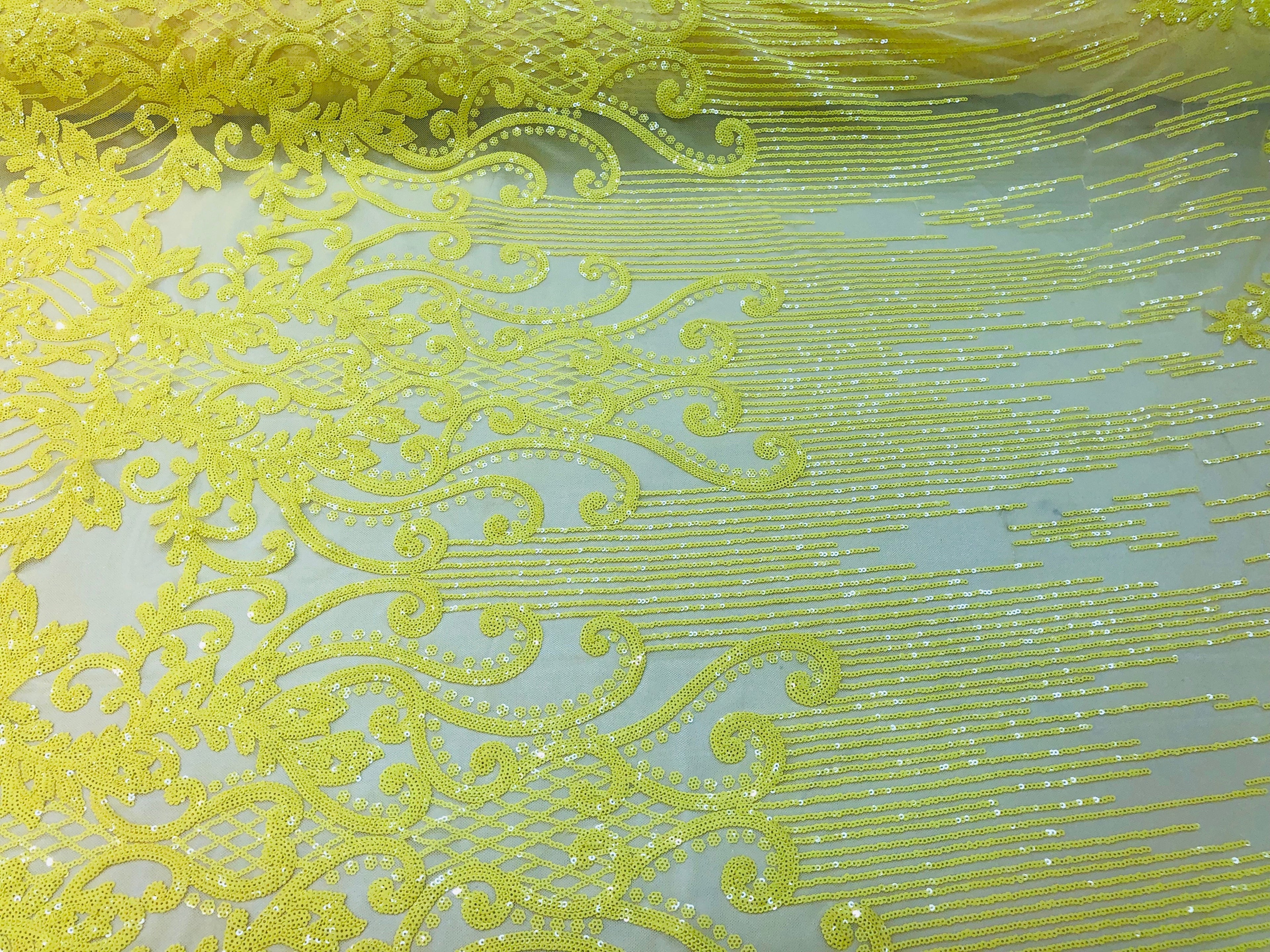 4 Way Stretch - Yellow - Damask Net Design Sequins On Mesh Elegant Fashion Fabrics Sold By Yard