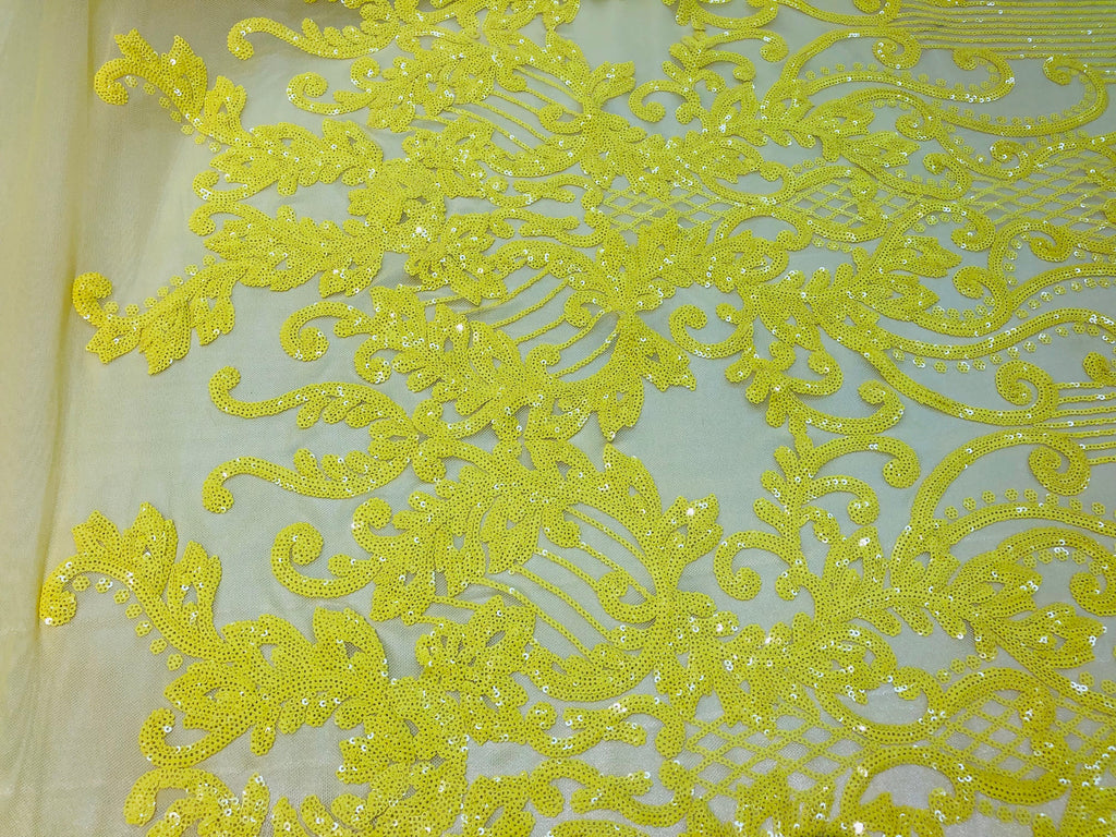 4 Way Stretch - Yellow - Damask Net Design Sequins On Mesh Elegant Fashion Fabrics Sold By Yard