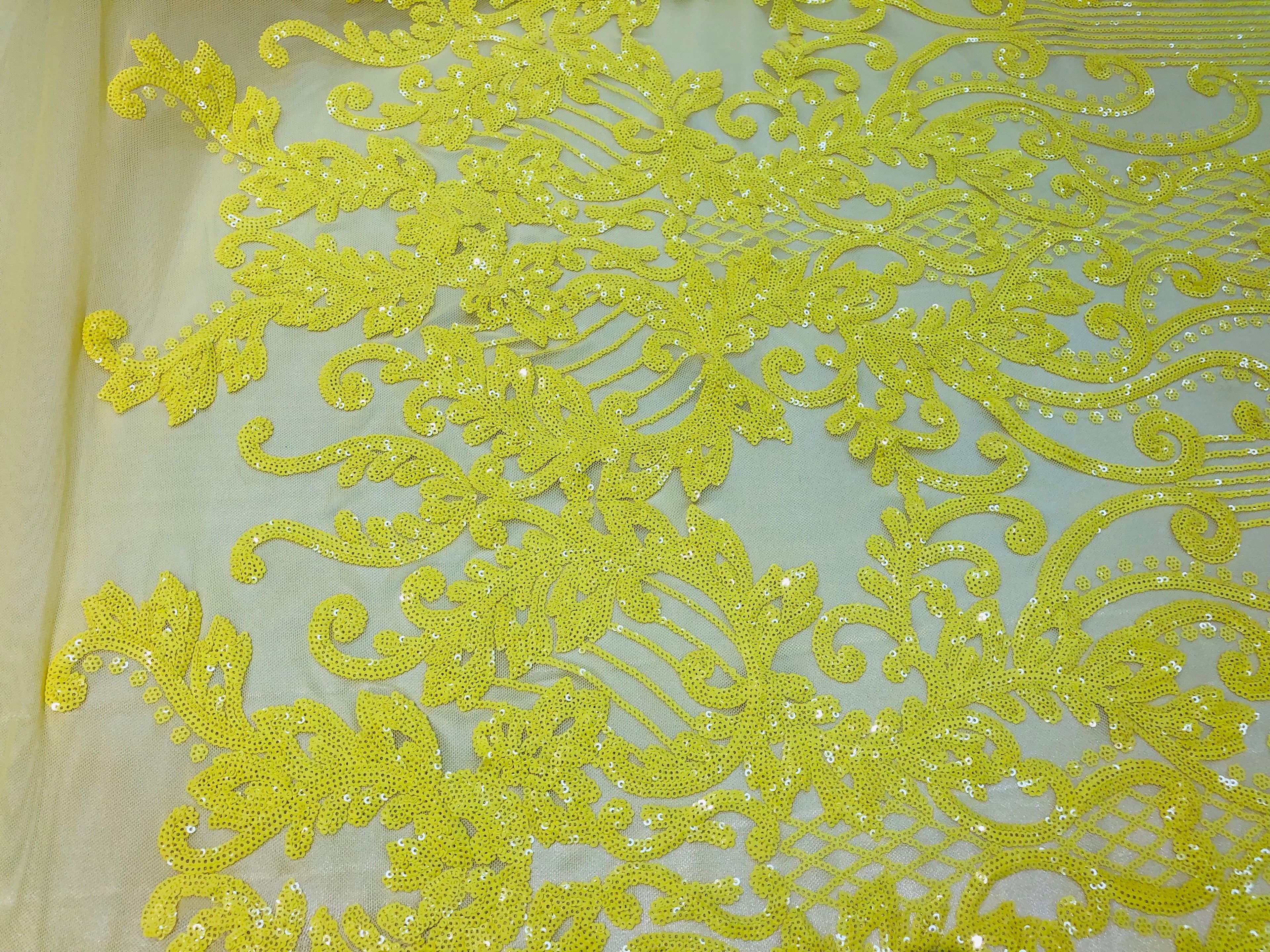 4 Way Stretch - Yellow - Damask Net Design Sequins On Mesh Elegant Fashion Fabrics Sold By Yard