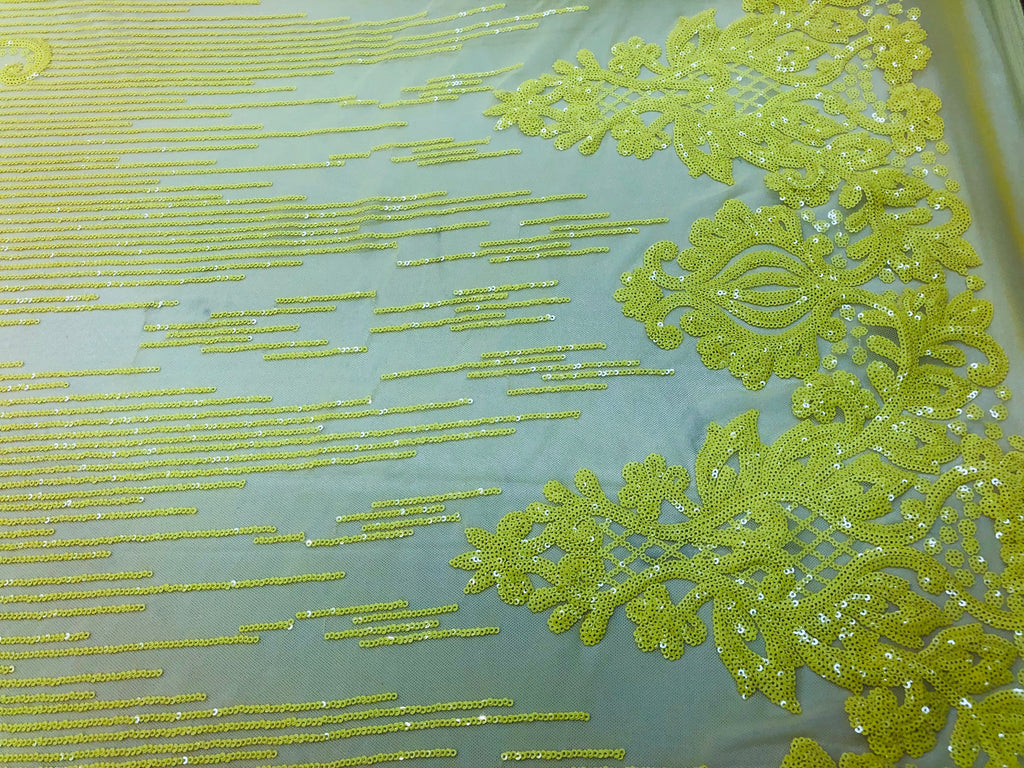 4 Way Stretch - Yellow - Damask Net Design Sequins On Mesh Elegant Fashion Fabrics Sold By Yard