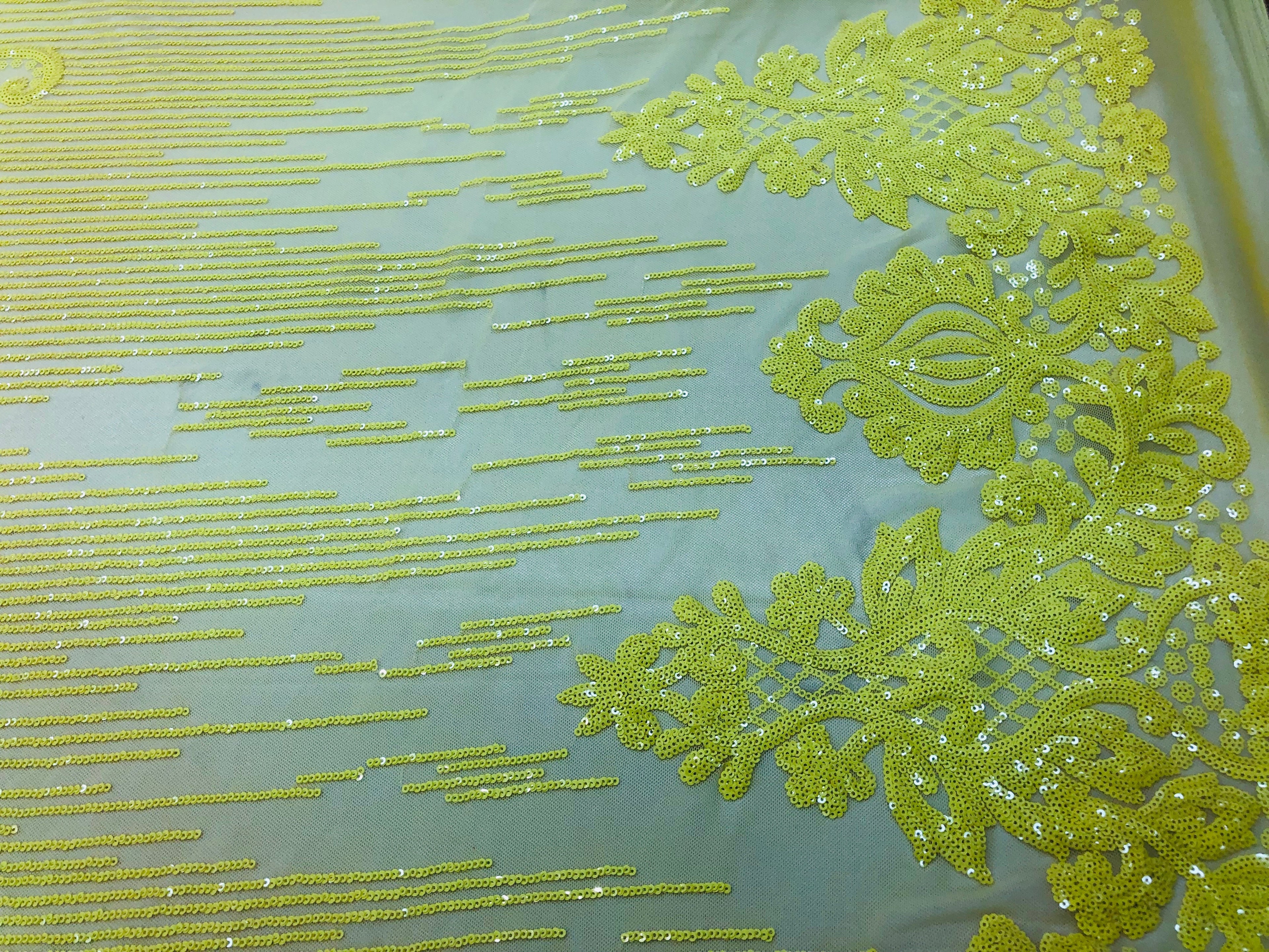4 Way Stretch - Yellow - Damask Net Design Sequins On Mesh Elegant Fashion Fabrics Sold By Yard