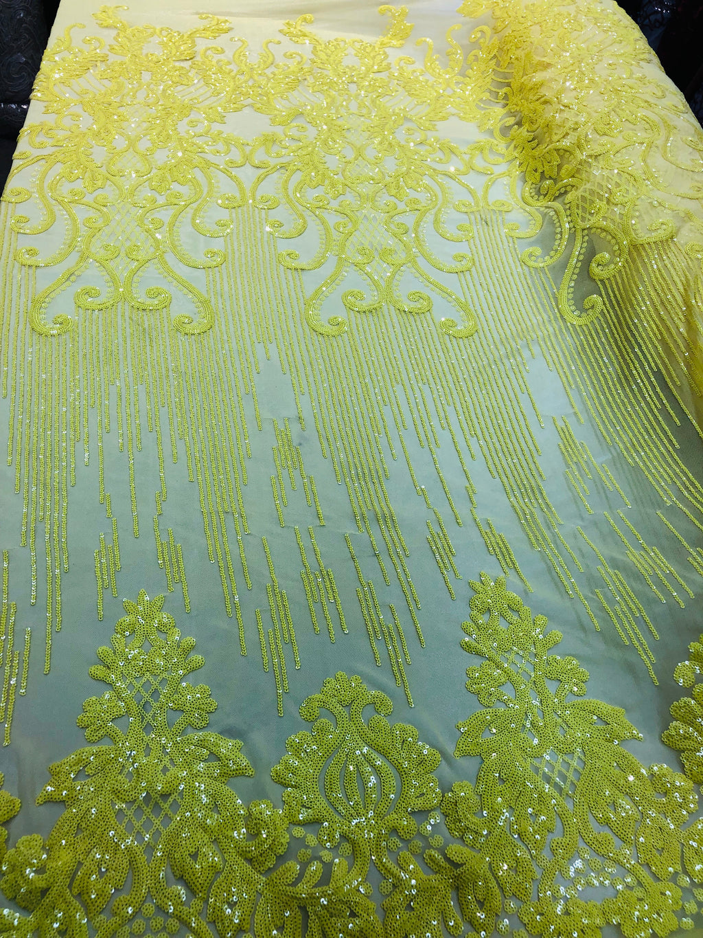 4 Way Stretch - Yellow - Damask Net Design Sequins On Mesh Elegant Fashion Fabrics Sold By Yard