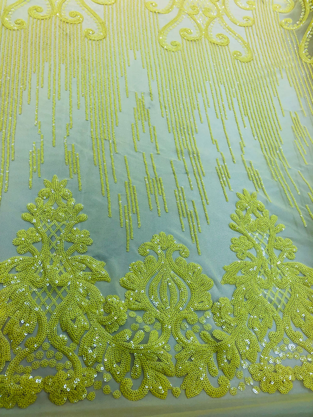 4 Way Stretch - Yellow - Damask Net Design Sequins On Mesh Elegant Fashion Fabrics Sold By Yard
