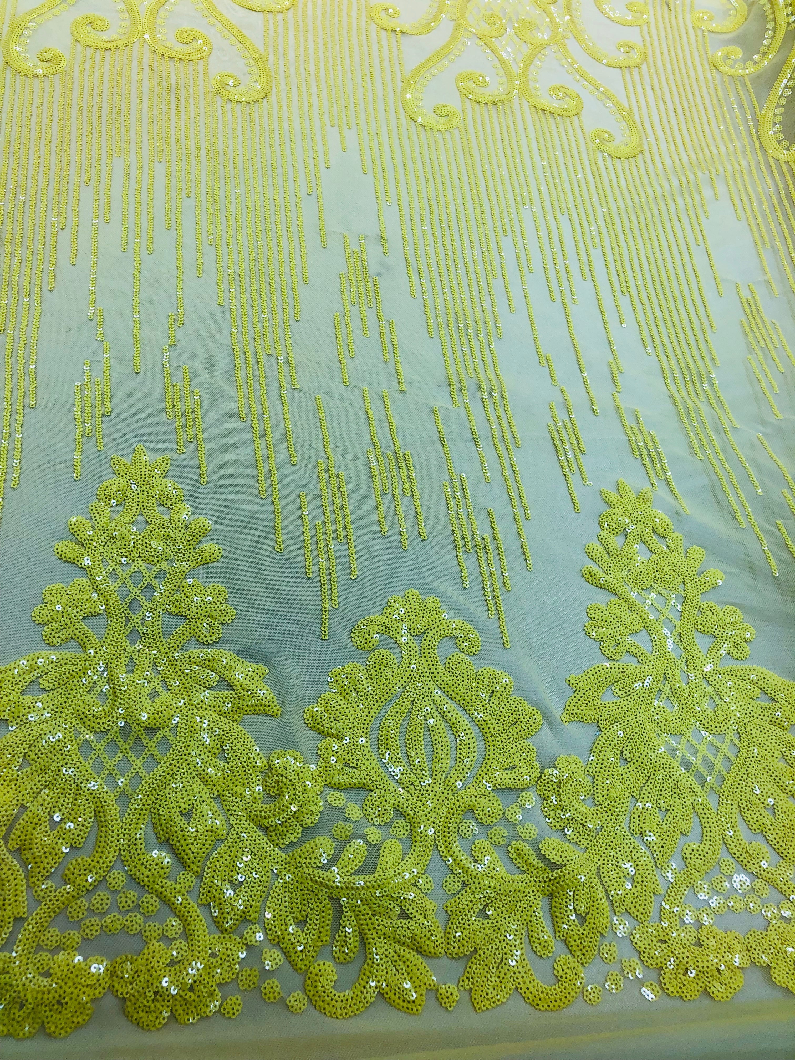 4 Way Stretch - Yellow - Damask Net Design Sequins On Mesh Elegant Fashion Fabrics Sold By Yard