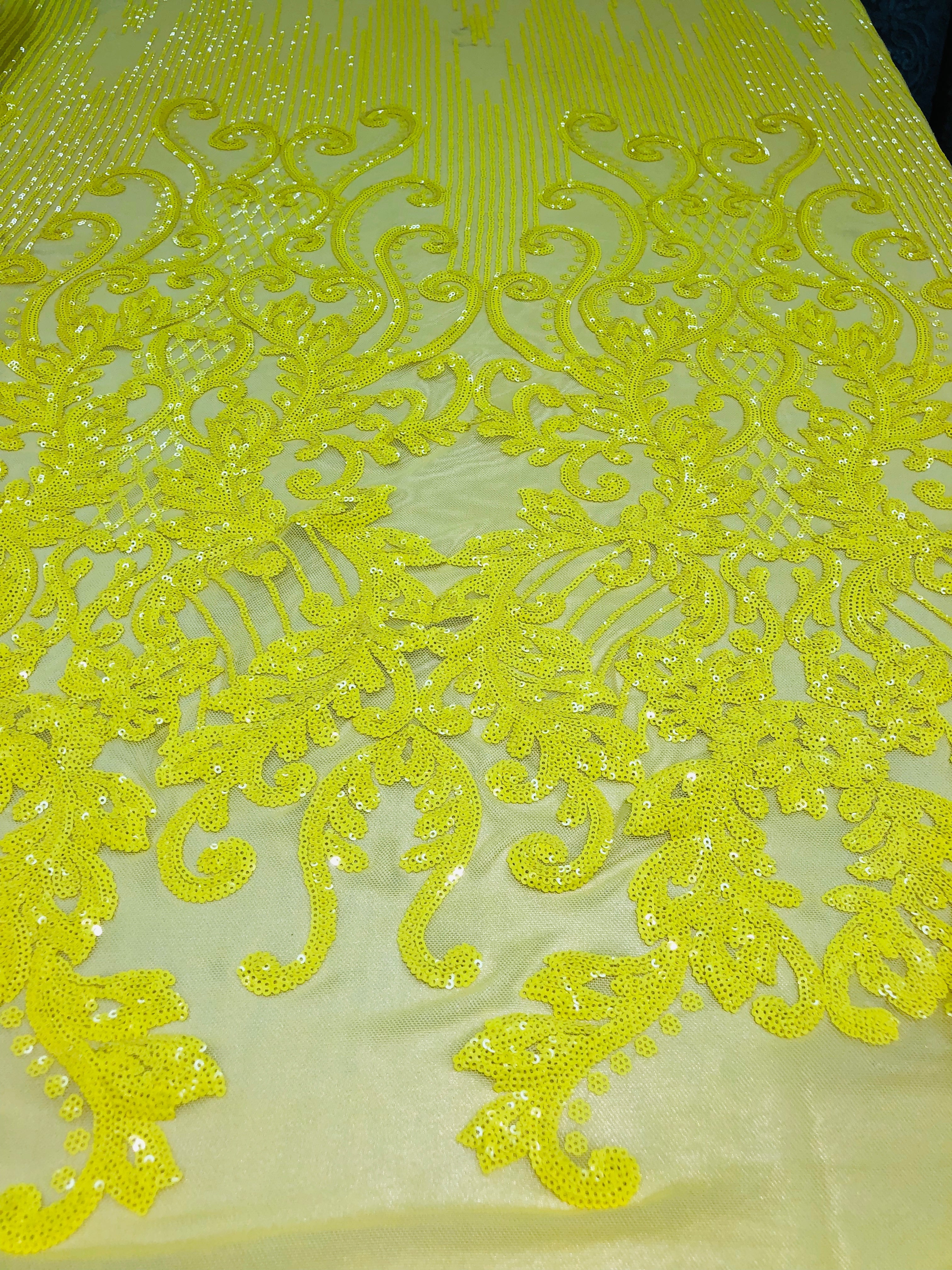 4 Way Stretch - Yellow - Damask Net Design Sequins On Mesh Elegant Fashion Fabrics Sold By Yard