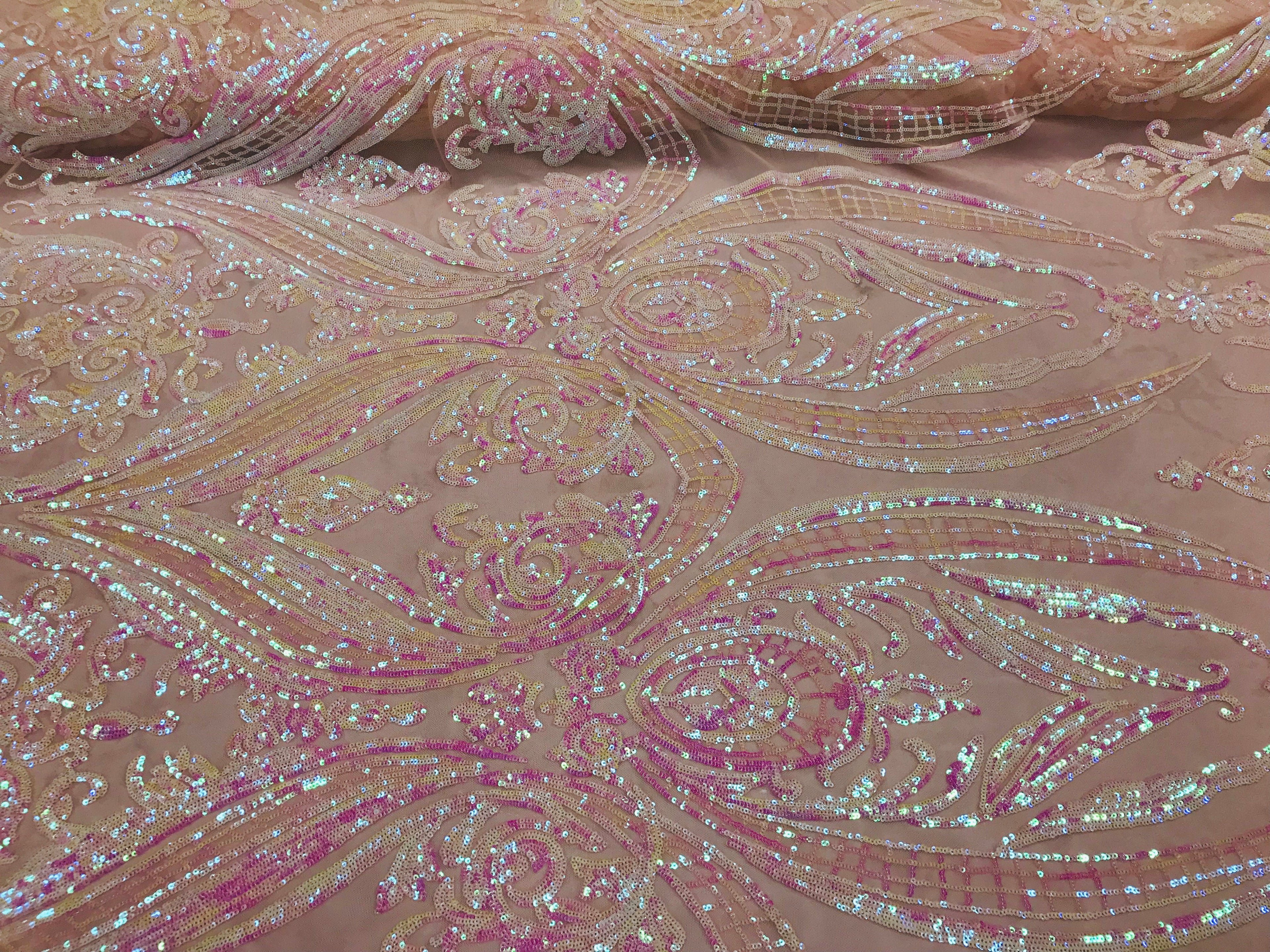 Big Damask Sequins Fabric - Iridescent Baby Pink - 4 Way Stretch Damask Sequins Design Fabric By Yard