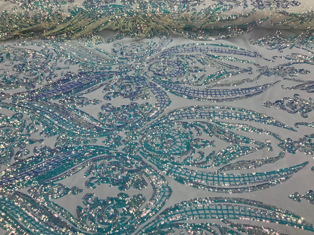 Big Damask Sequins Fabric - Iridescent Clear - 4 Way Stretch Damask Sequins Design Fabric By Yard