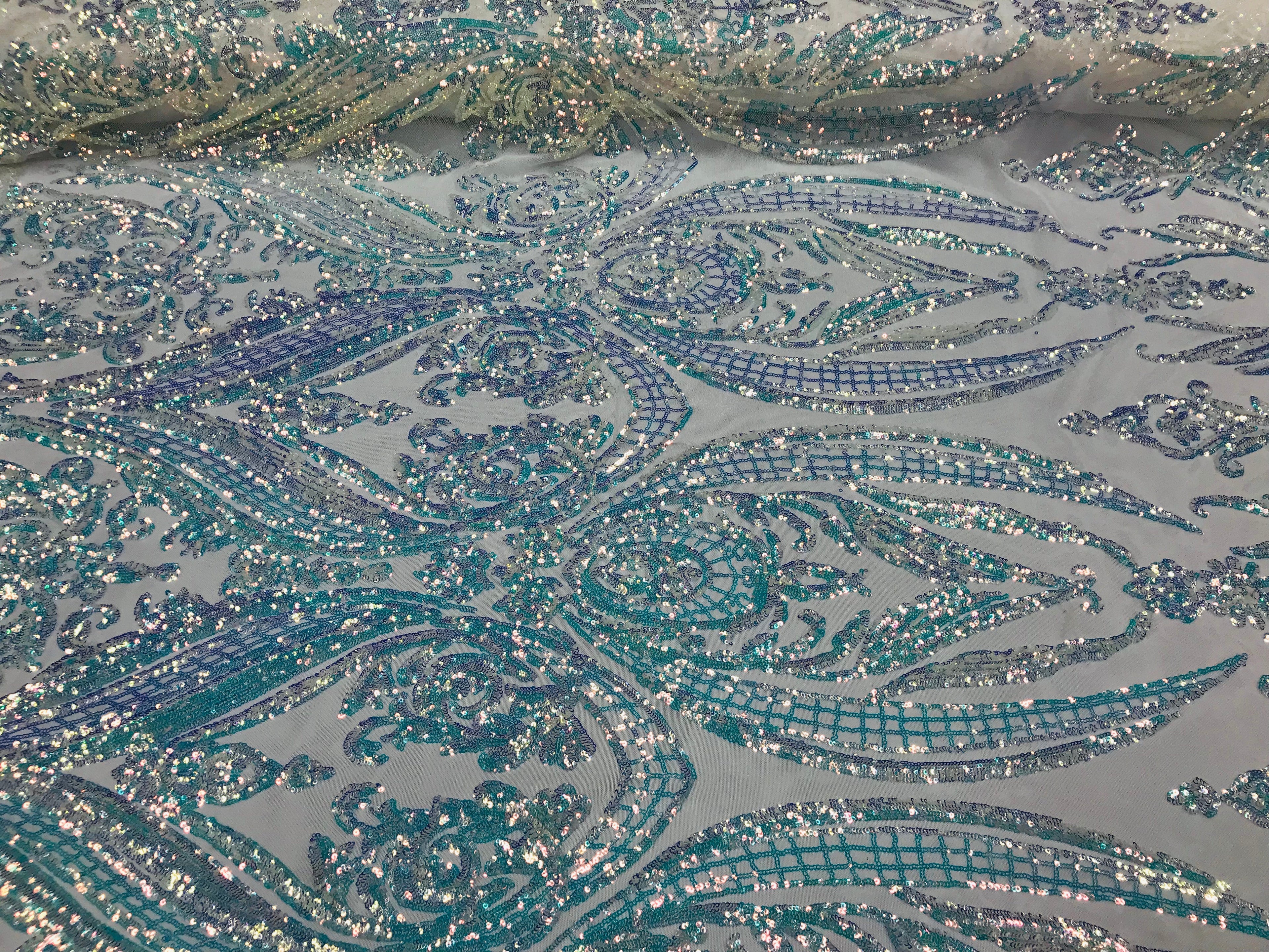 Big Damask Sequins Fabric - Iridescent Clear - 4 Way Stretch Damask Sequins Design Fabric By Yard