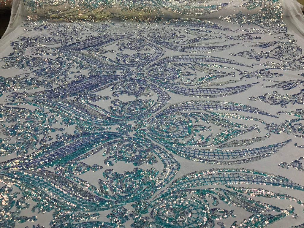 Big Damask Sequins Fabric - Iridescent Clear - 4 Way Stretch Damask Sequins Design Fabric By Yard