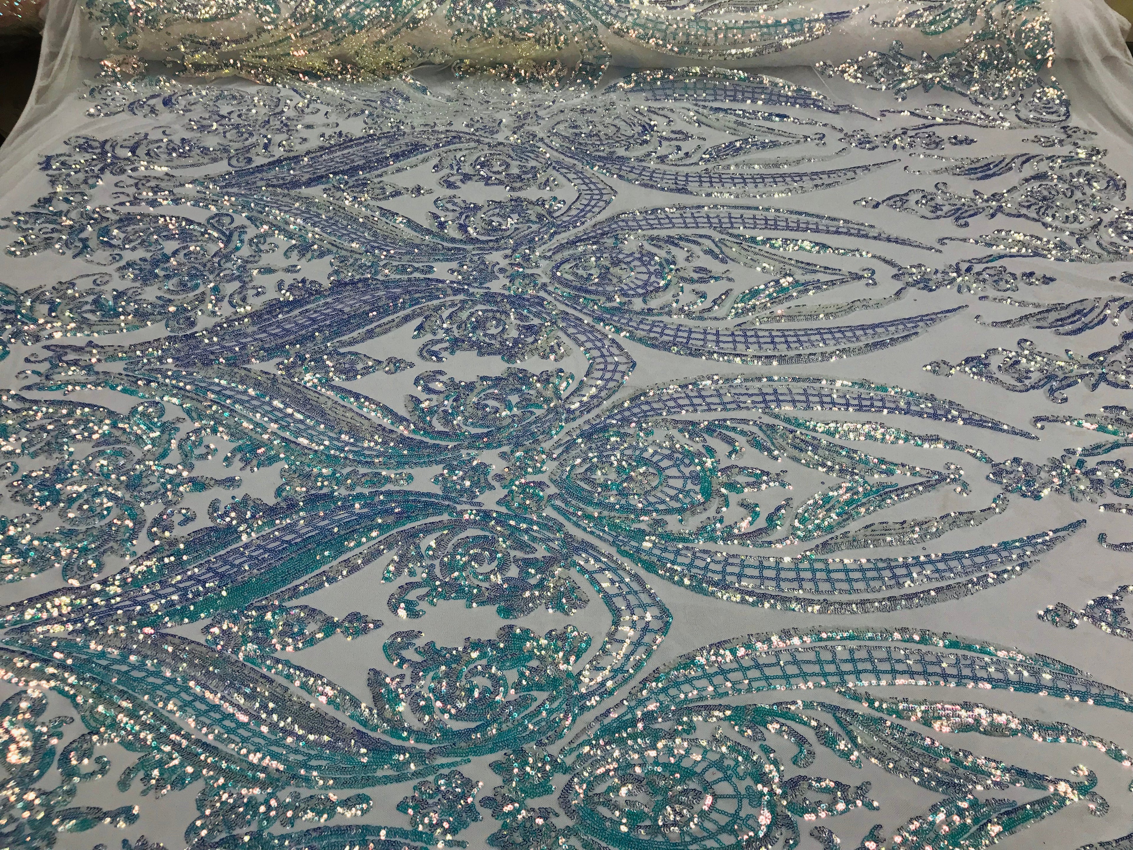 Big Damask Sequins Fabric - Iridescent Clear - 4 Way Stretch Damask Sequins Design Fabric By Yard