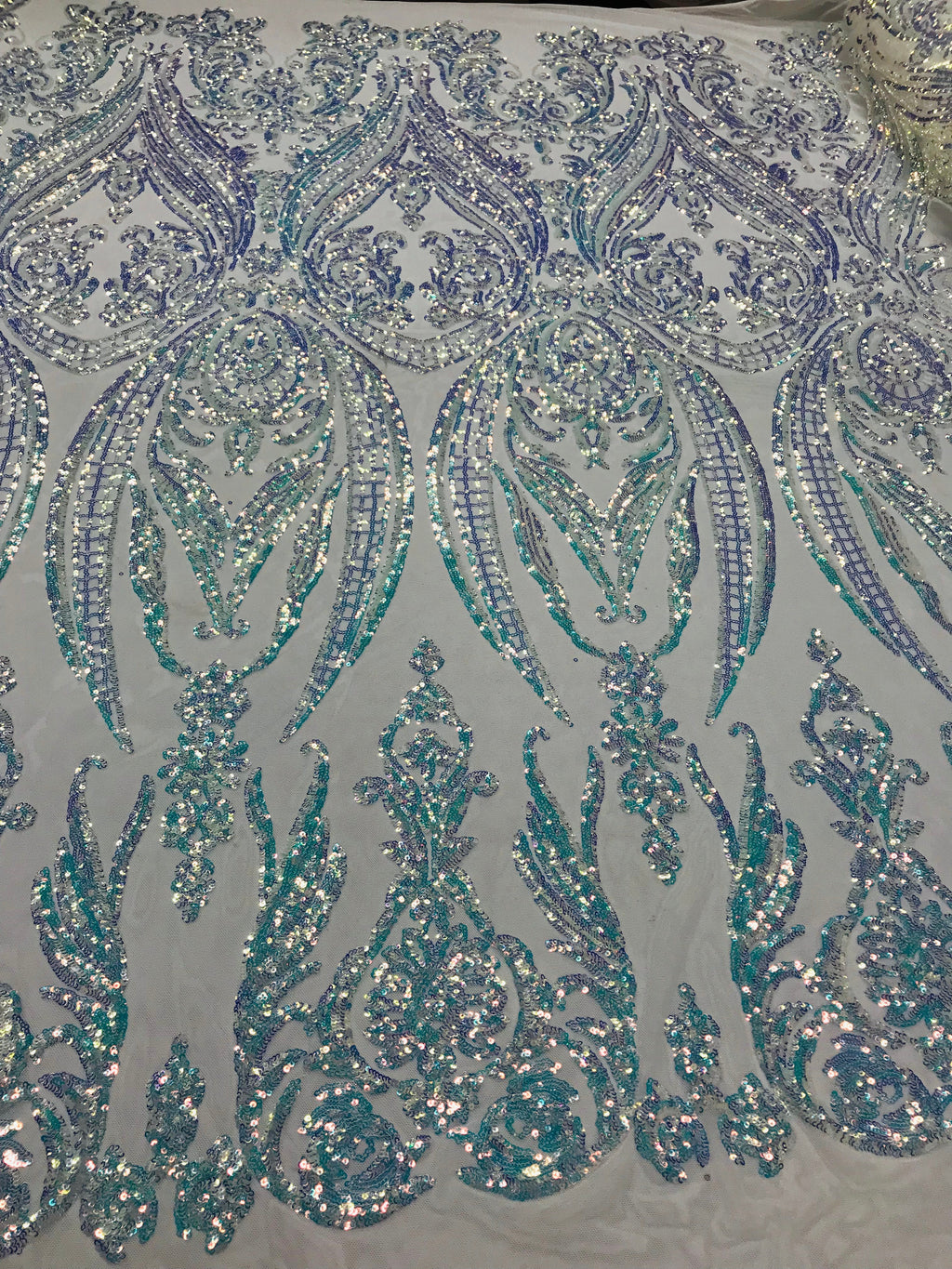 Big Damask Sequins Fabric - Iridescent Clear - 4 Way Stretch Damask Sequins Design Fabric By Yard