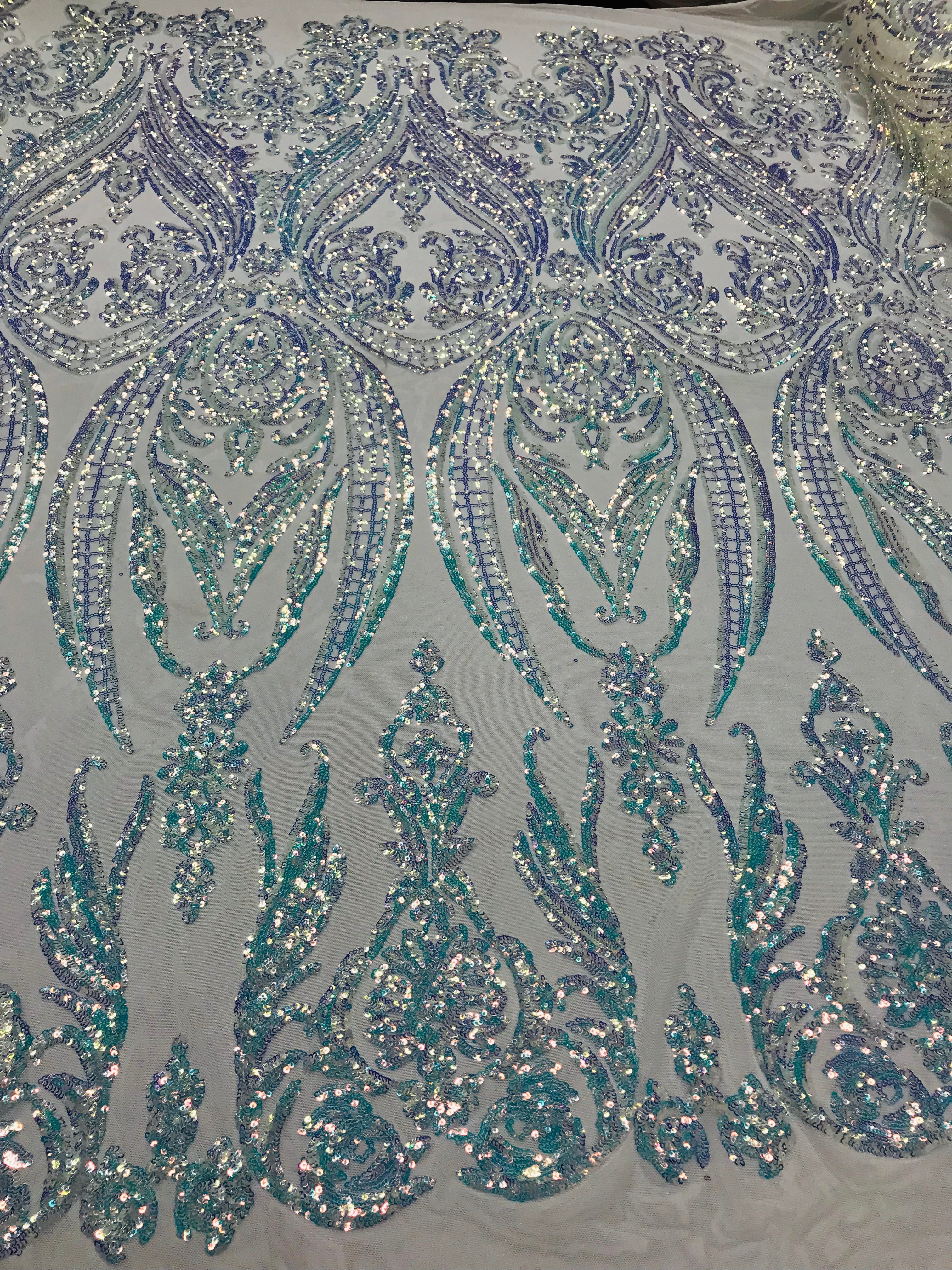 Big Damask Sequins Fabric - Iridescent Clear - 4 Way Stretch Damask Sequins Design Fabric By Yard