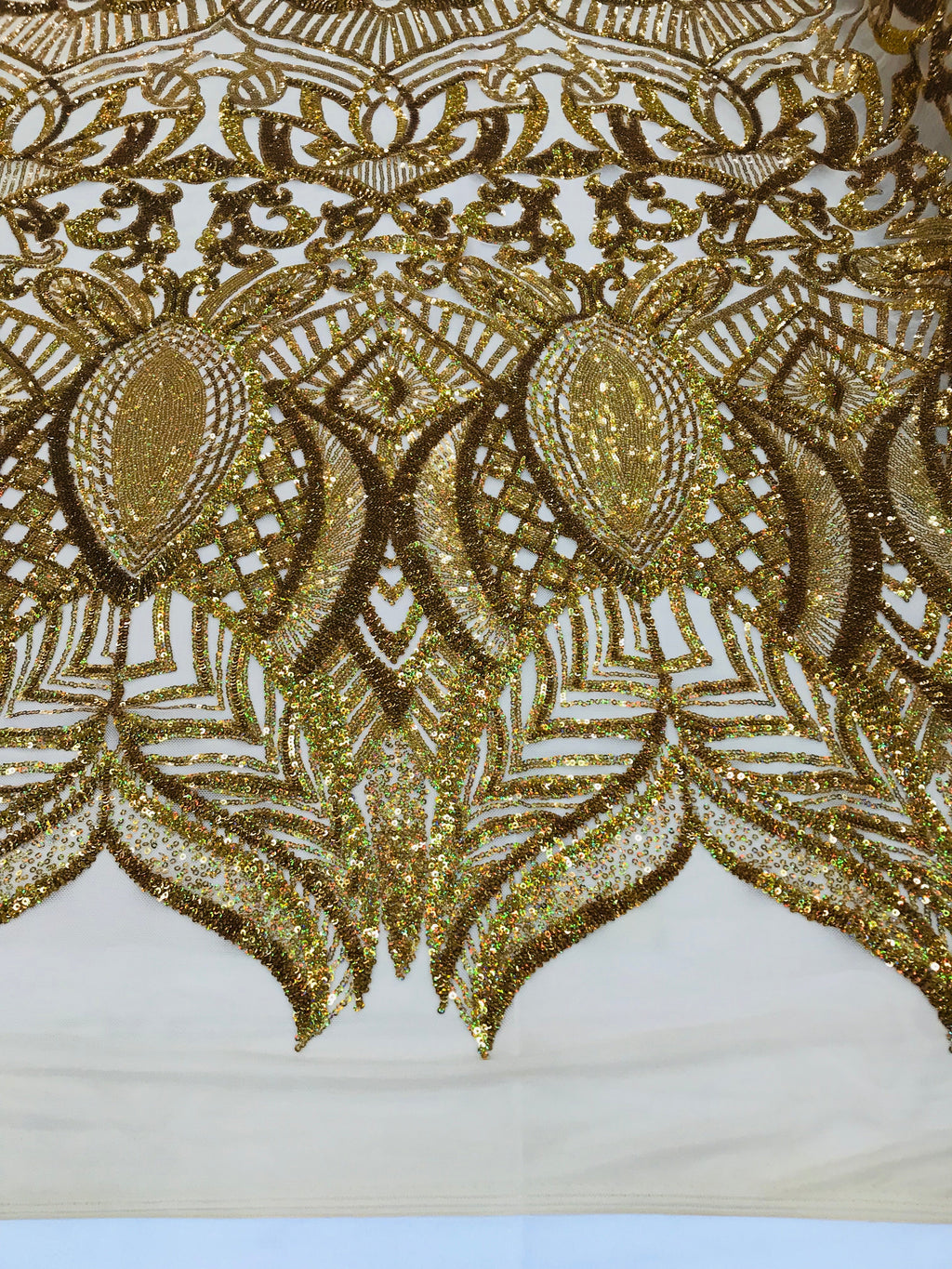 Hologram Gold - 4 Way Stretch Embroidered Royalty Sequins Design Fabric By Yard