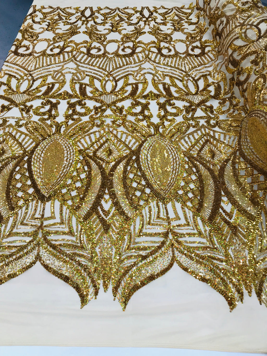 Hologram Gold - 4 Way Stretch Embroidered Royalty Sequins Design Fabric By Yard
