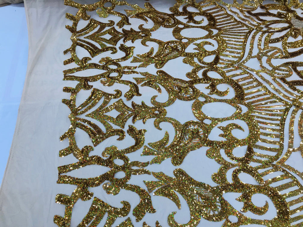 Hologram Gold - 4 Way Stretch Embroidered Royalty Sequins Design Fabric By Yard