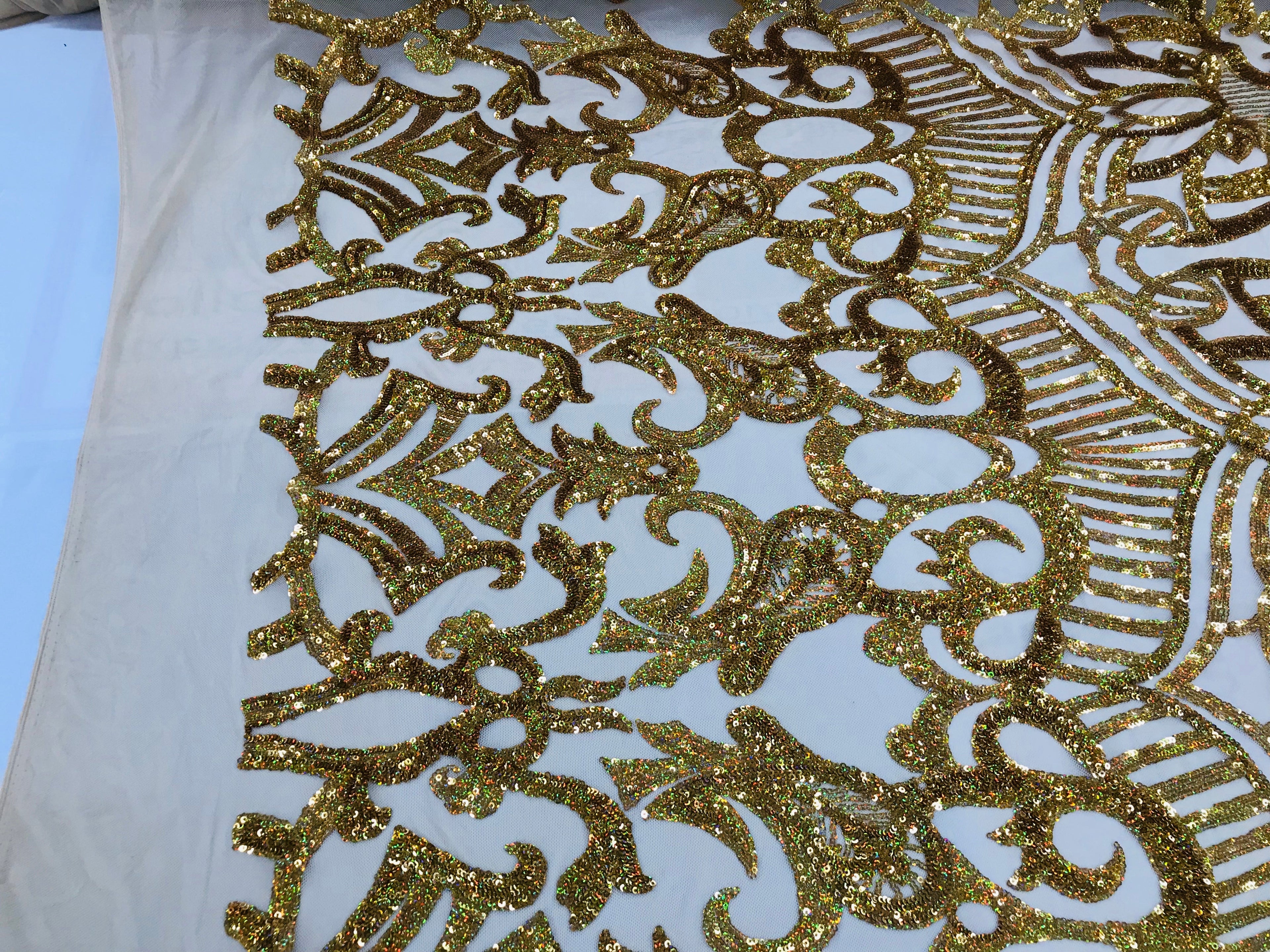 Hologram Gold - 4 Way Stretch Embroidered Royalty Sequins Design Fabric By Yard