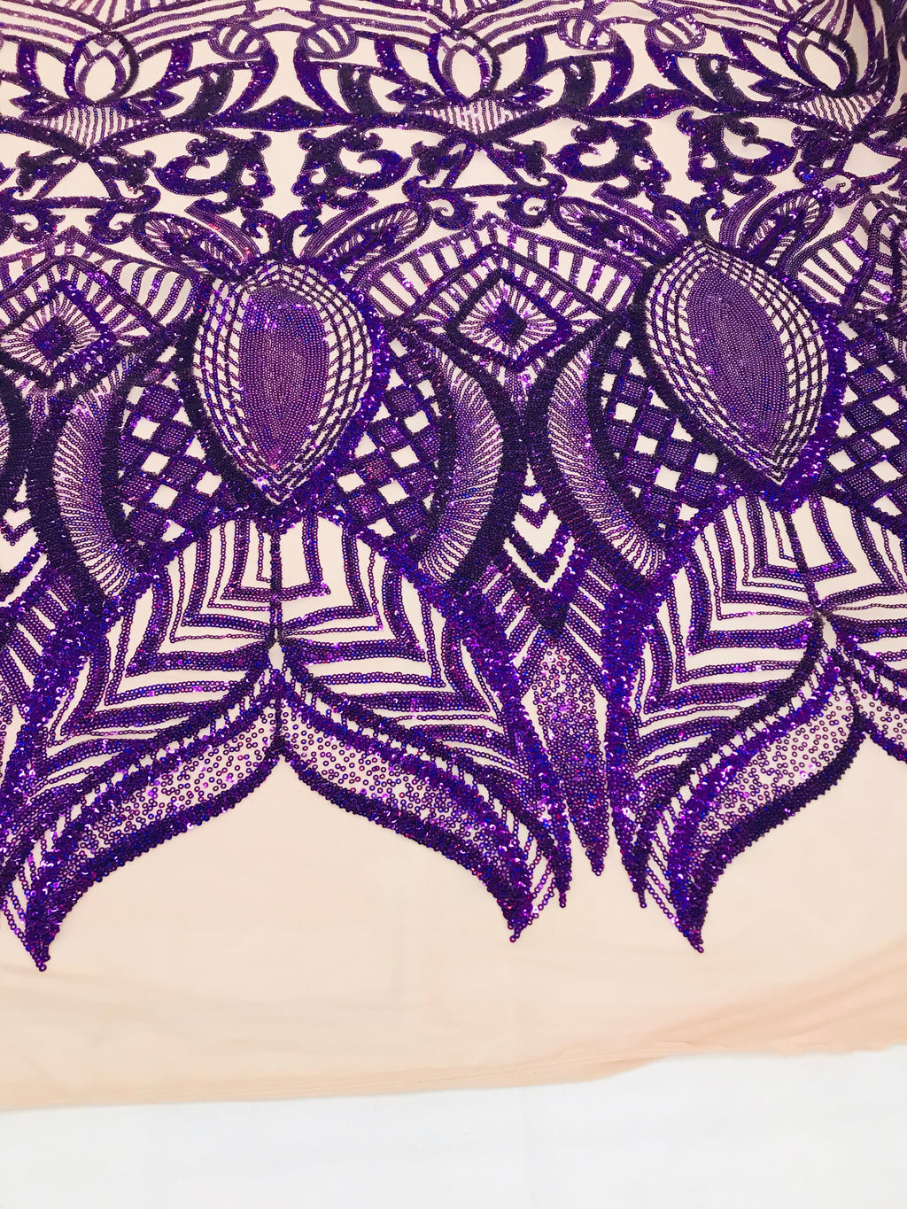 Hologram Purple  - 4 Way Stretch Embroidered Royalty Sequins Design Fabric By Yard