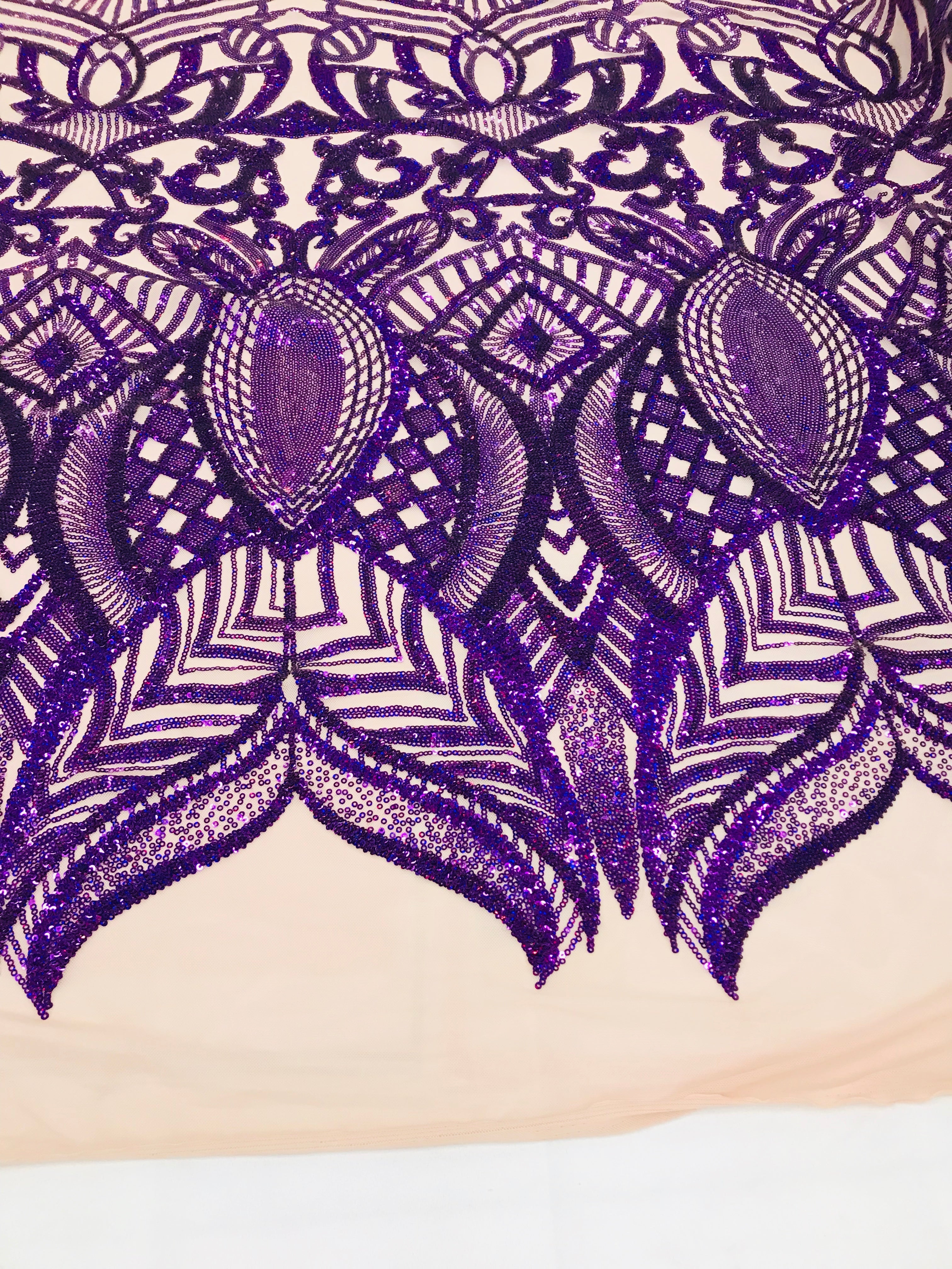 Hologram Purple  - 4 Way Stretch Embroidered Royalty Sequins Design Fabric By Yard