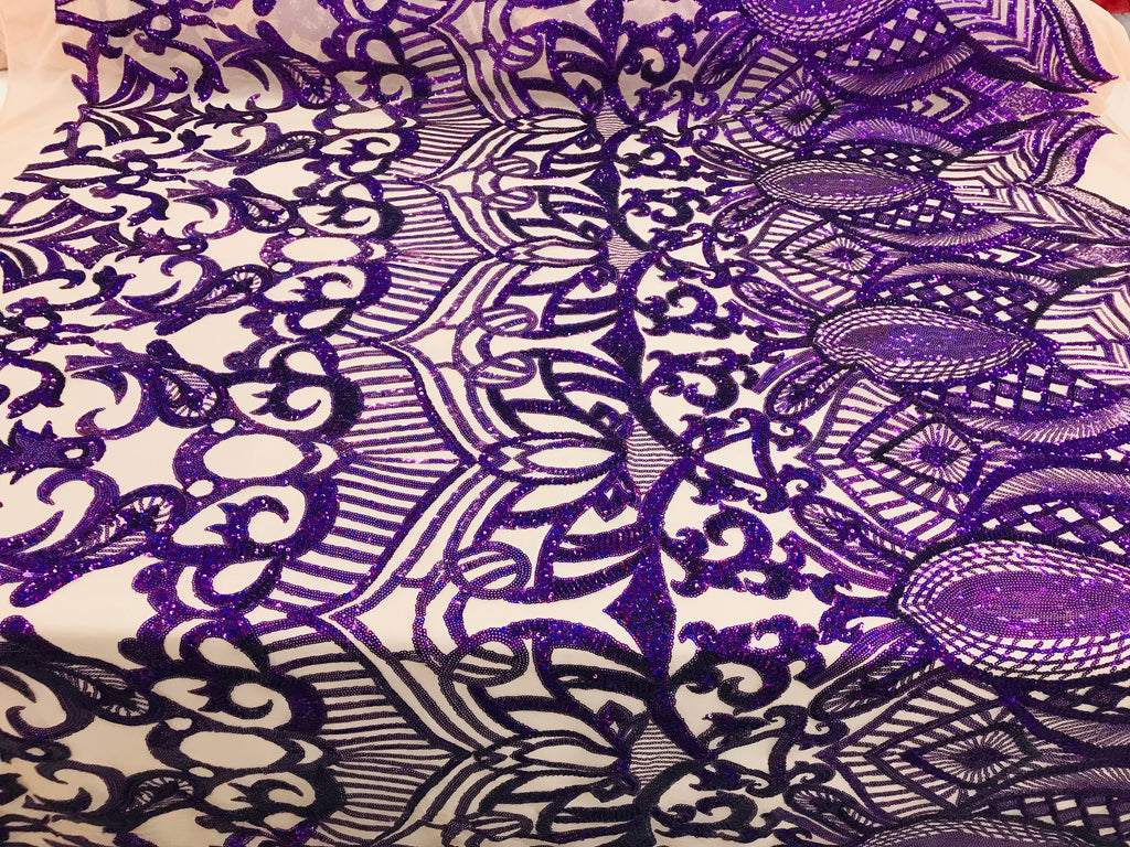 Hologram Purple  - 4 Way Stretch Embroidered Royalty Sequins Design Fabric By Yard