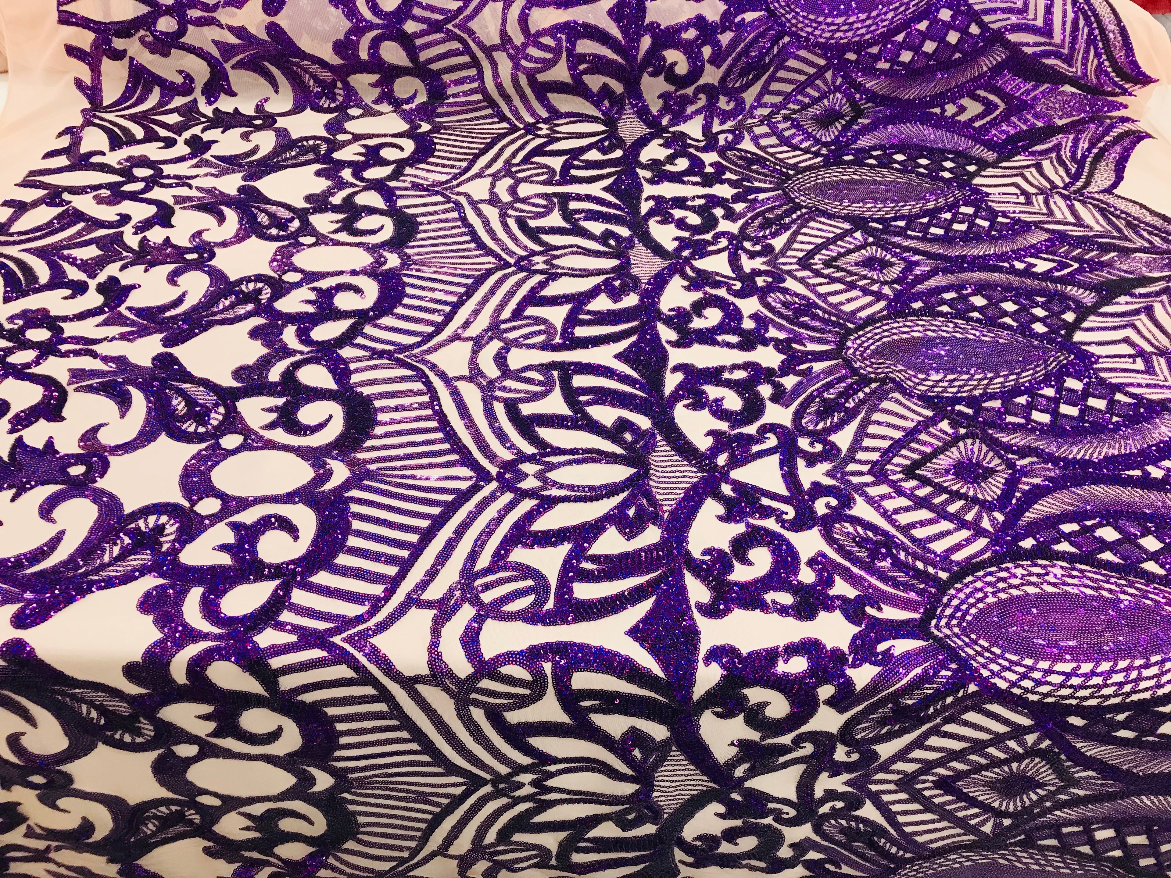 Hologram Purple  - 4 Way Stretch Embroidered Royalty Sequins Design Fabric By Yard