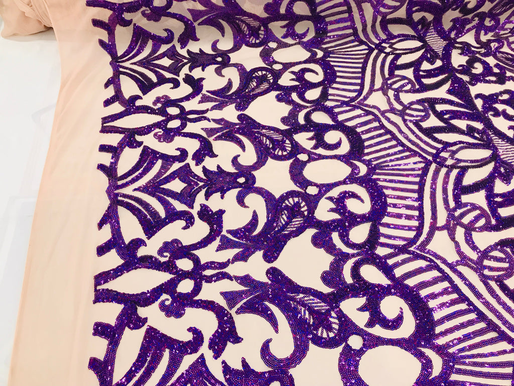 Hologram Purple  - 4 Way Stretch Embroidered Royalty Sequins Design Fabric By Yard