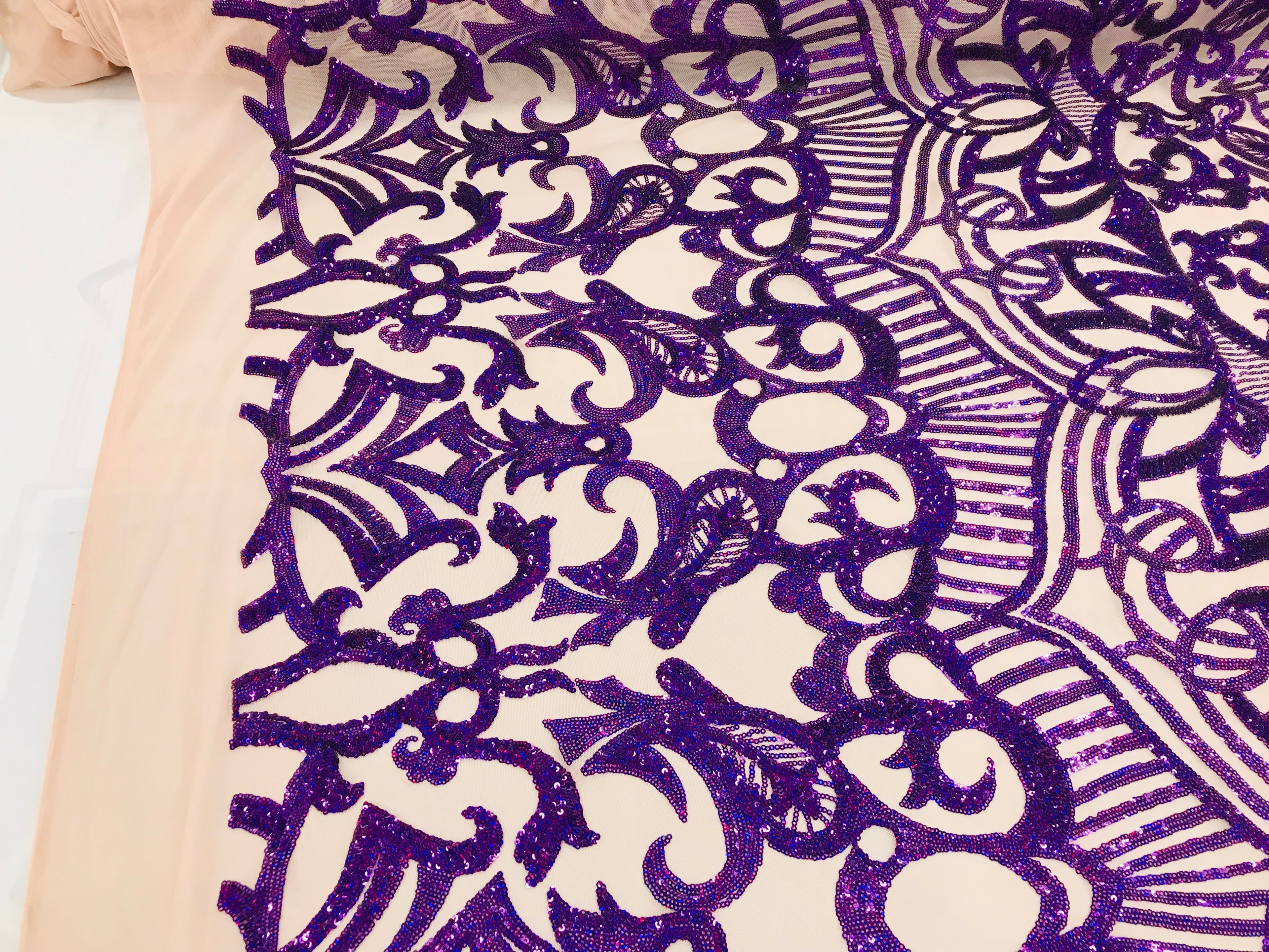 Hologram Purple  - 4 Way Stretch Embroidered Royalty Sequins Design Fabric By Yard