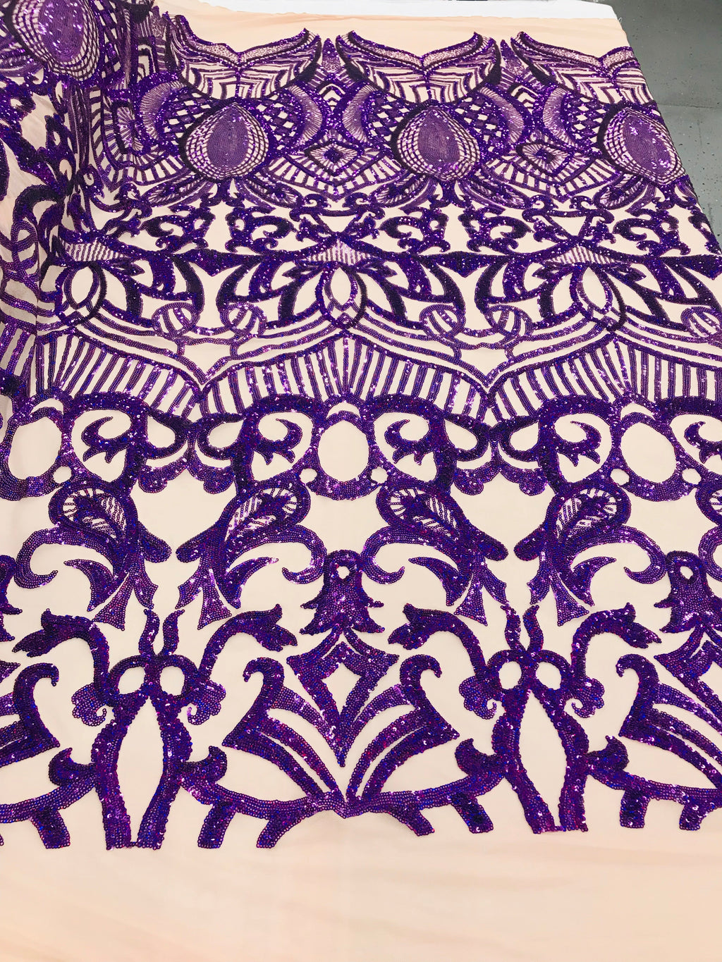 Hologram Purple  - 4 Way Stretch Embroidered Royalty Sequins Design Fabric By Yard