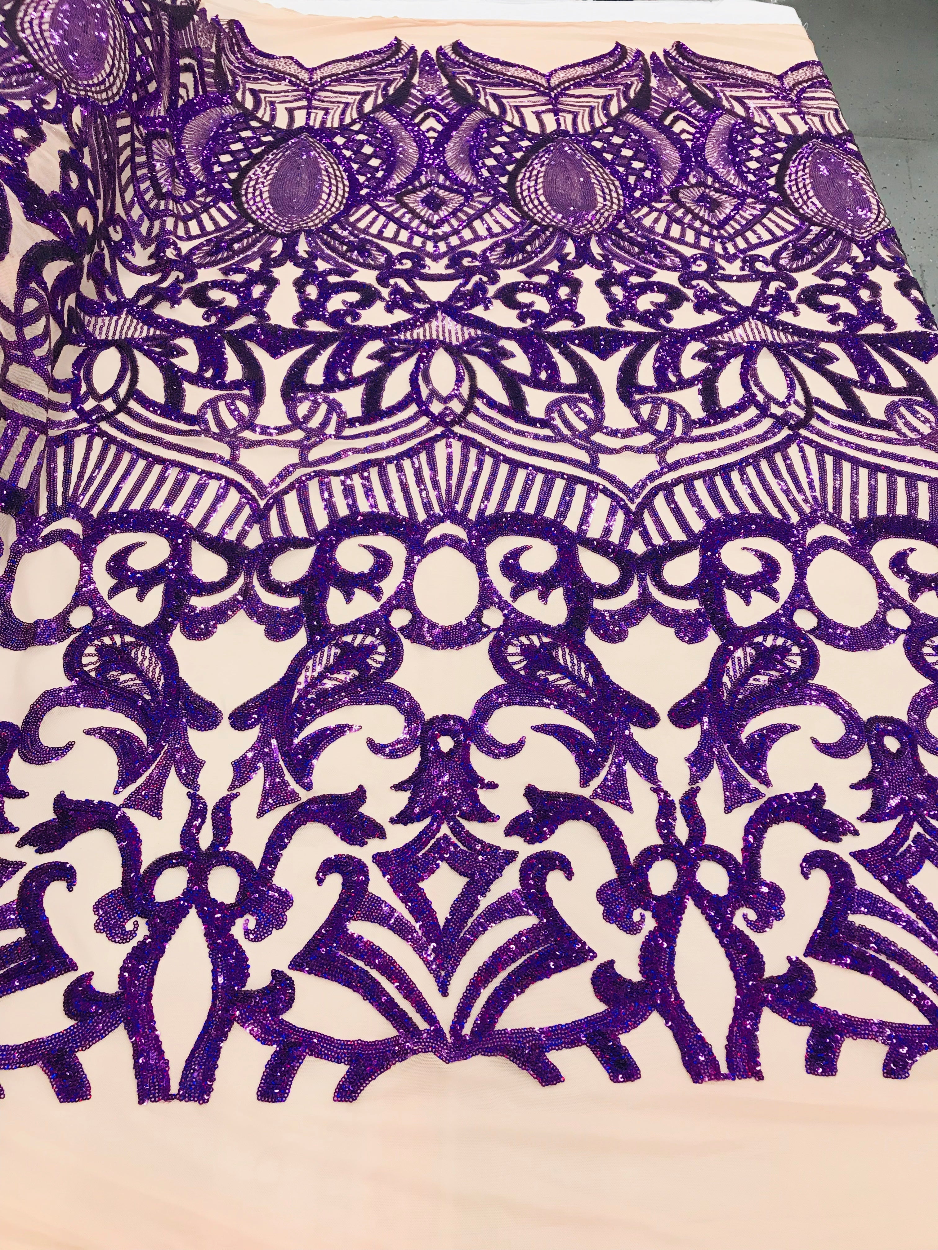 Hologram Purple  - 4 Way Stretch Embroidered Royalty Sequins Design Fabric By Yard