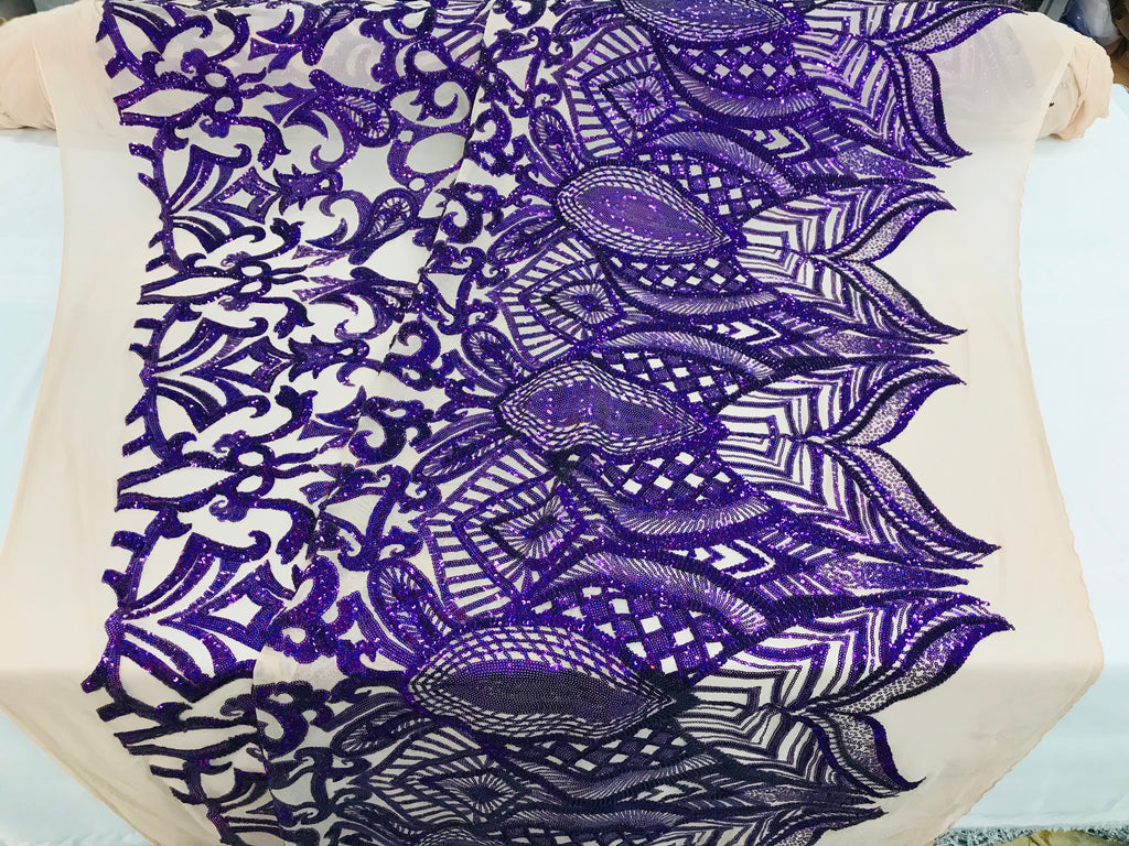 Hologram Purple  - 4 Way Stretch Embroidered Royalty Sequins Design Fabric By Yard