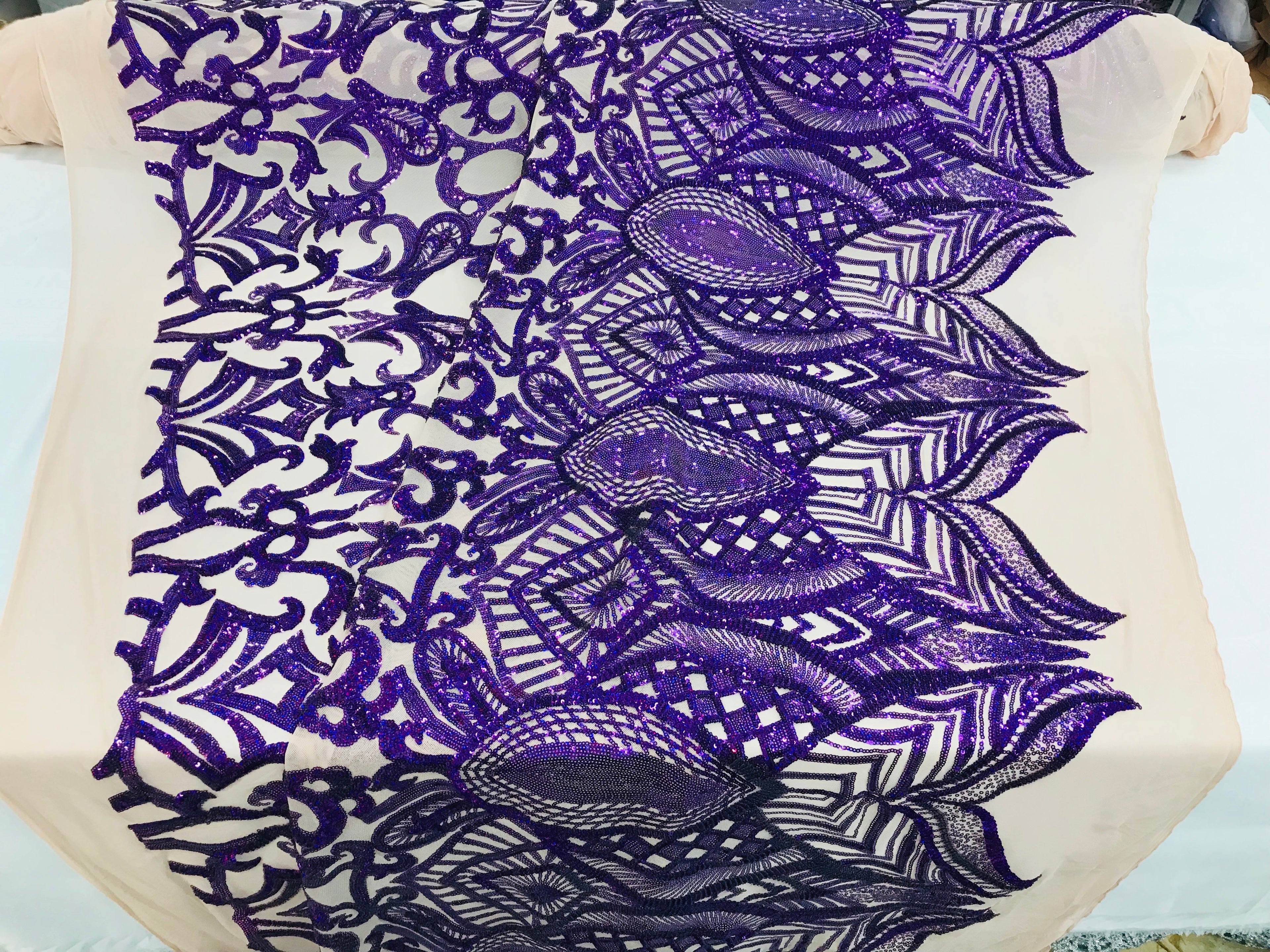Hologram Purple  - 4 Way Stretch Embroidered Royalty Sequins Design Fabric By Yard