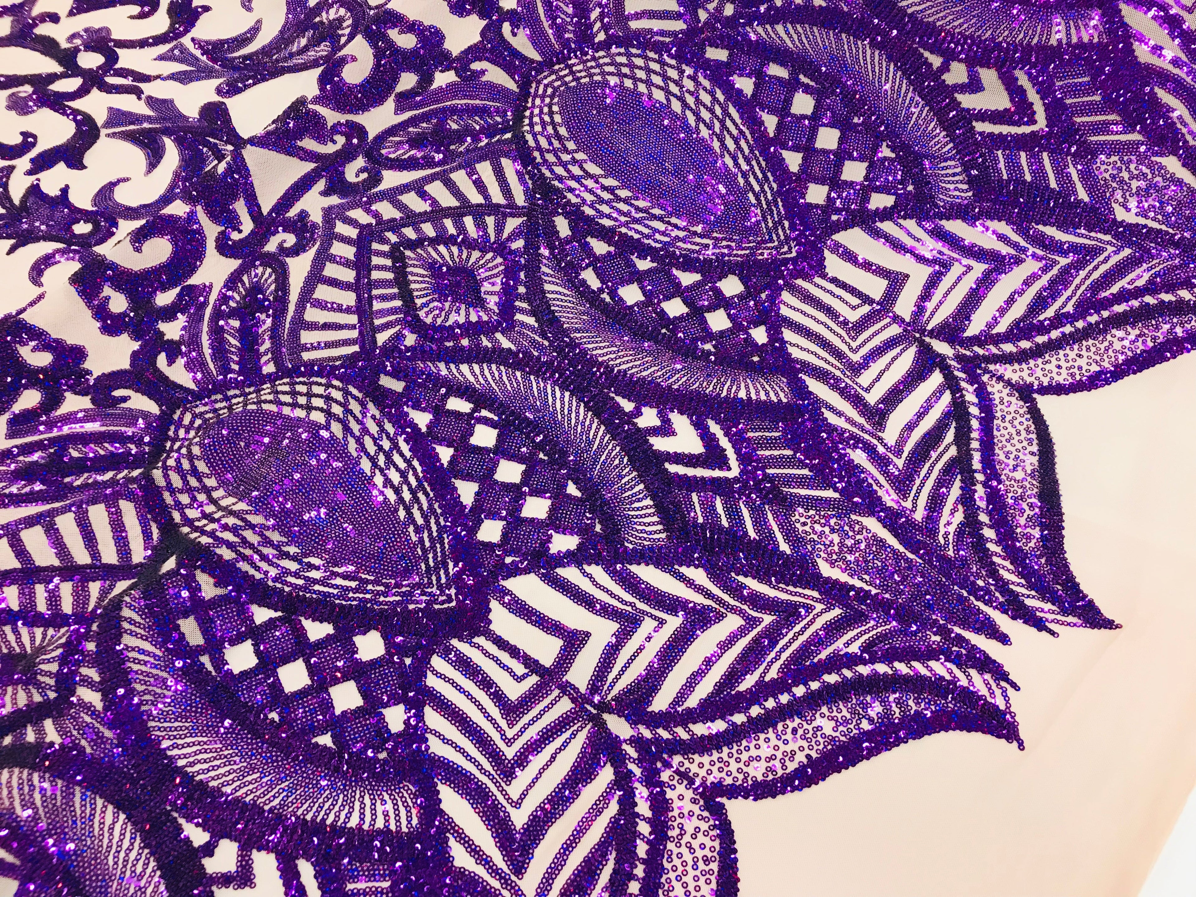 Hologram Purple  - 4 Way Stretch Embroidered Royalty Sequins Design Fabric By Yard