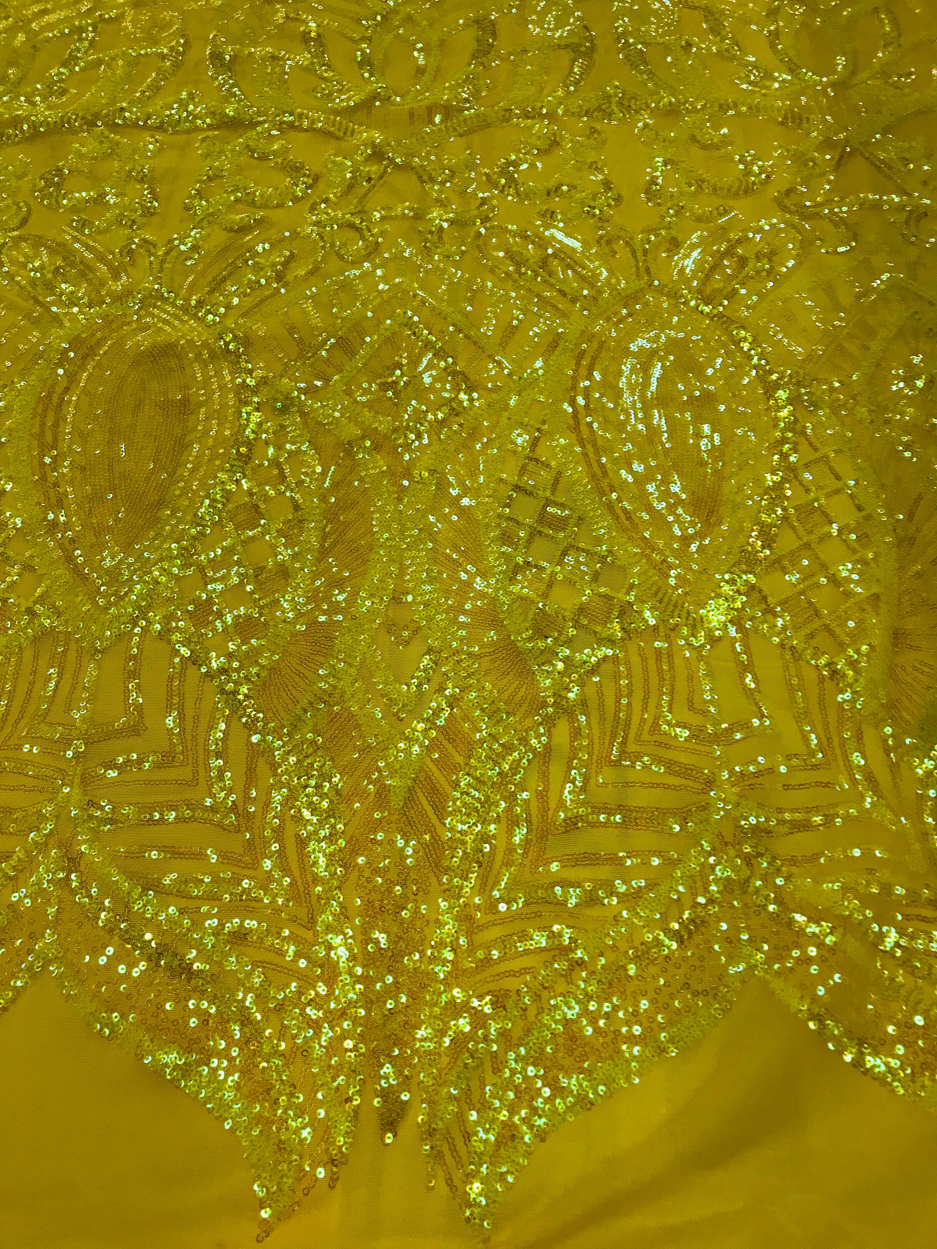 Hologram Yellow - 4 Way Stretch Embroidered Royalty Sequins Design Fabric By Yard