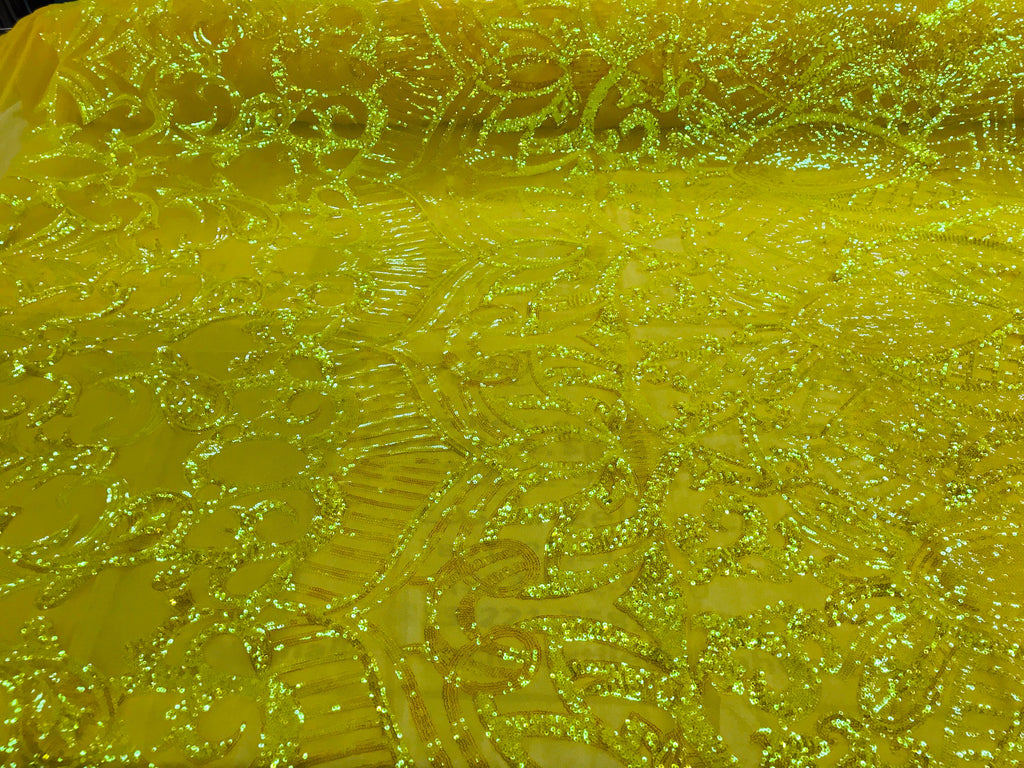 Hologram Yellow - 4 Way Stretch Embroidered Royalty Sequins Design Fabric By Yard