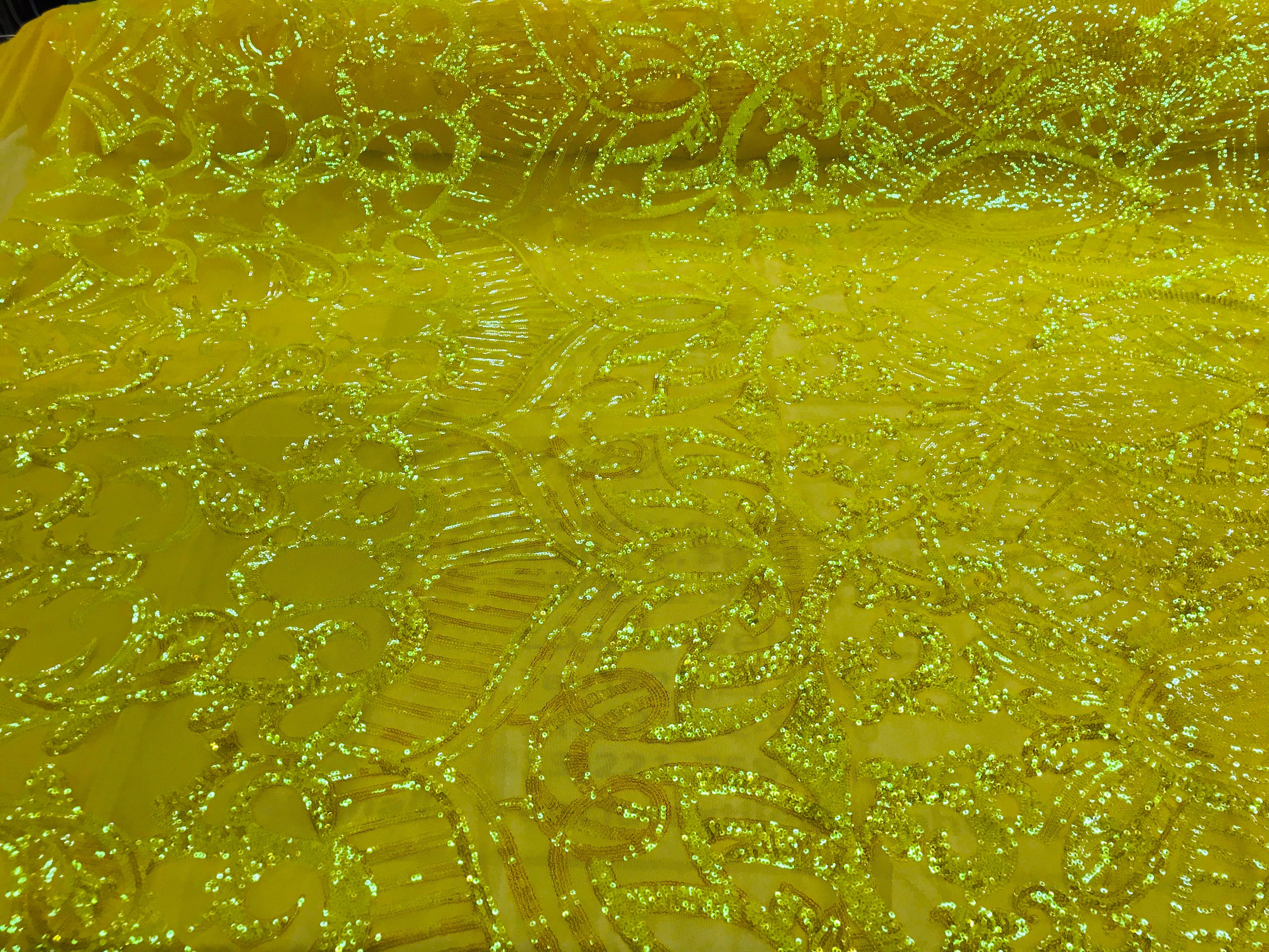 Hologram Yellow - 4 Way Stretch Embroidered Royalty Sequins Design Fabric By Yard