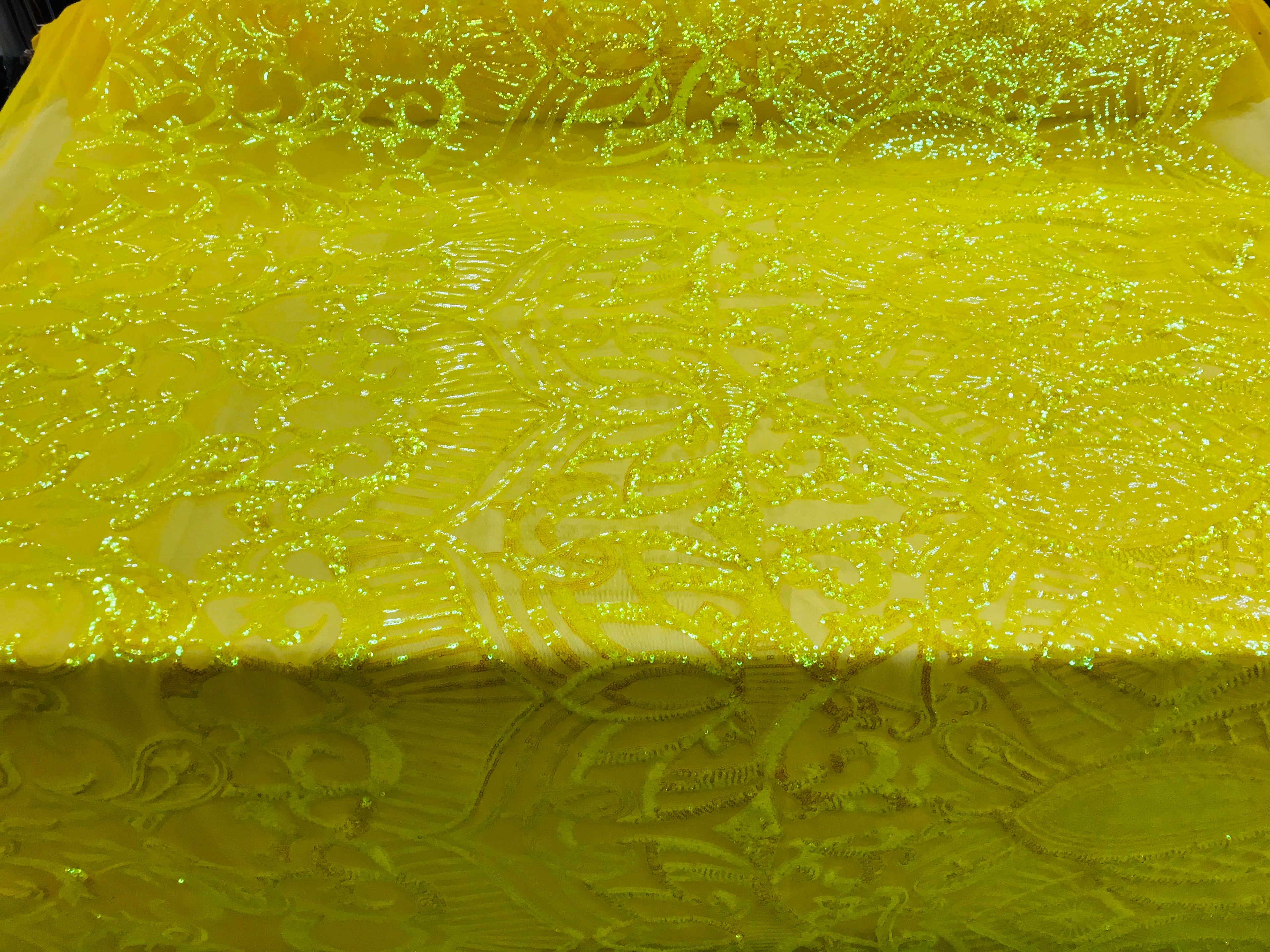 Hologram Yellow - 4 Way Stretch Embroidered Royalty Sequins Design Fabric By Yard