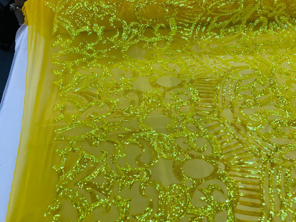 Hologram Yellow - 4 Way Stretch Embroidered Royalty Sequins Design Fabric By Yard