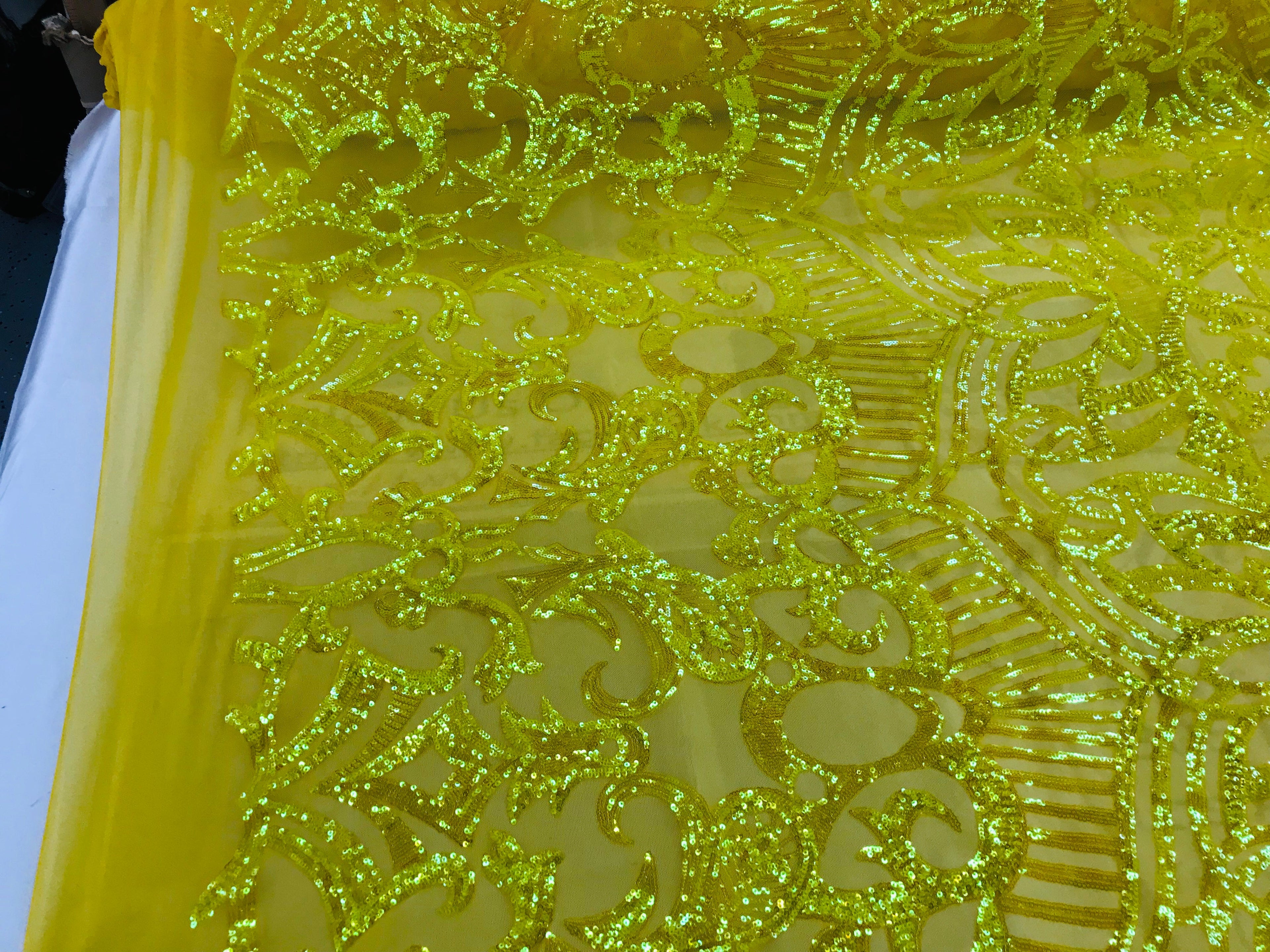 Hologram Yellow - 4 Way Stretch Embroidered Royalty Sequins Design Fabric By Yard