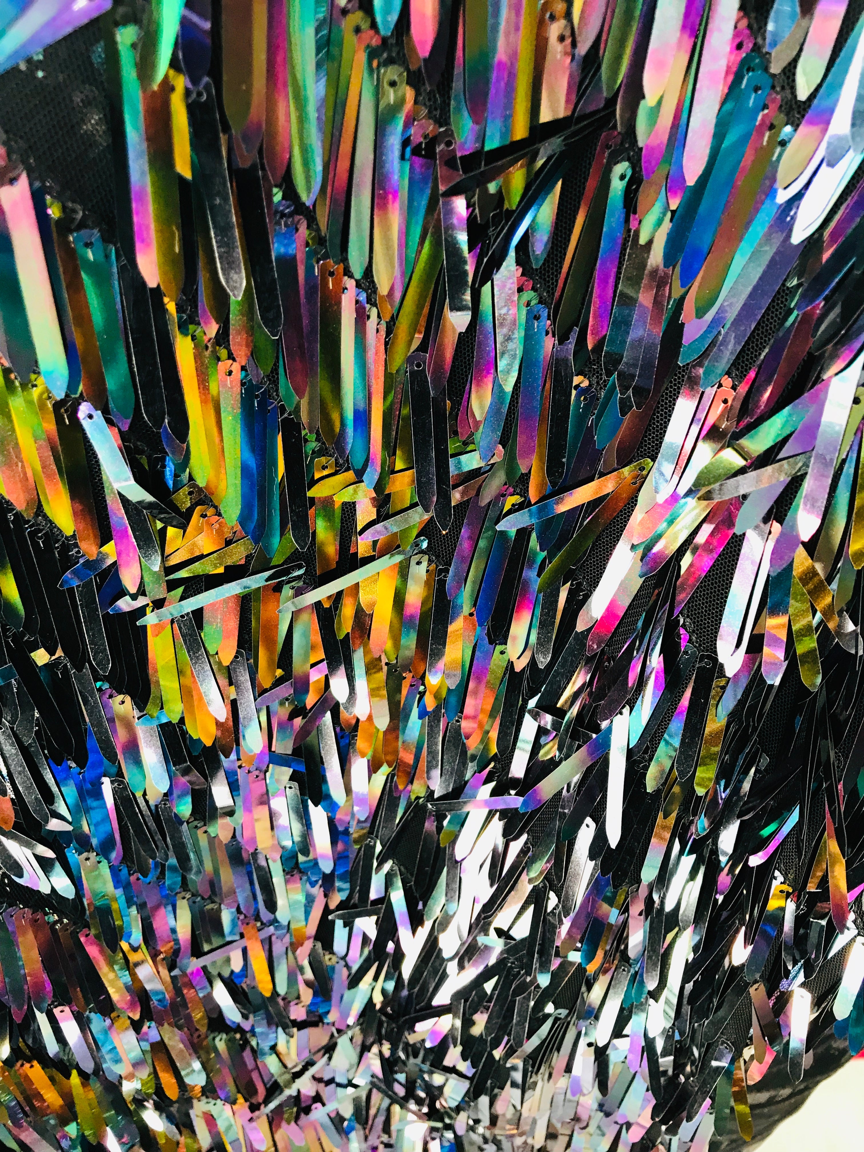 Sword Design - Black - Iridescent Sequins Fabric - Embroidery On A Mesh For  Sold By The Yard