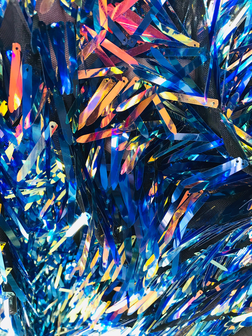 Sword Design - Blue Rainbow - Iridescent Sequins Fabric Embroidery On A Mesh For Sold By The Yard