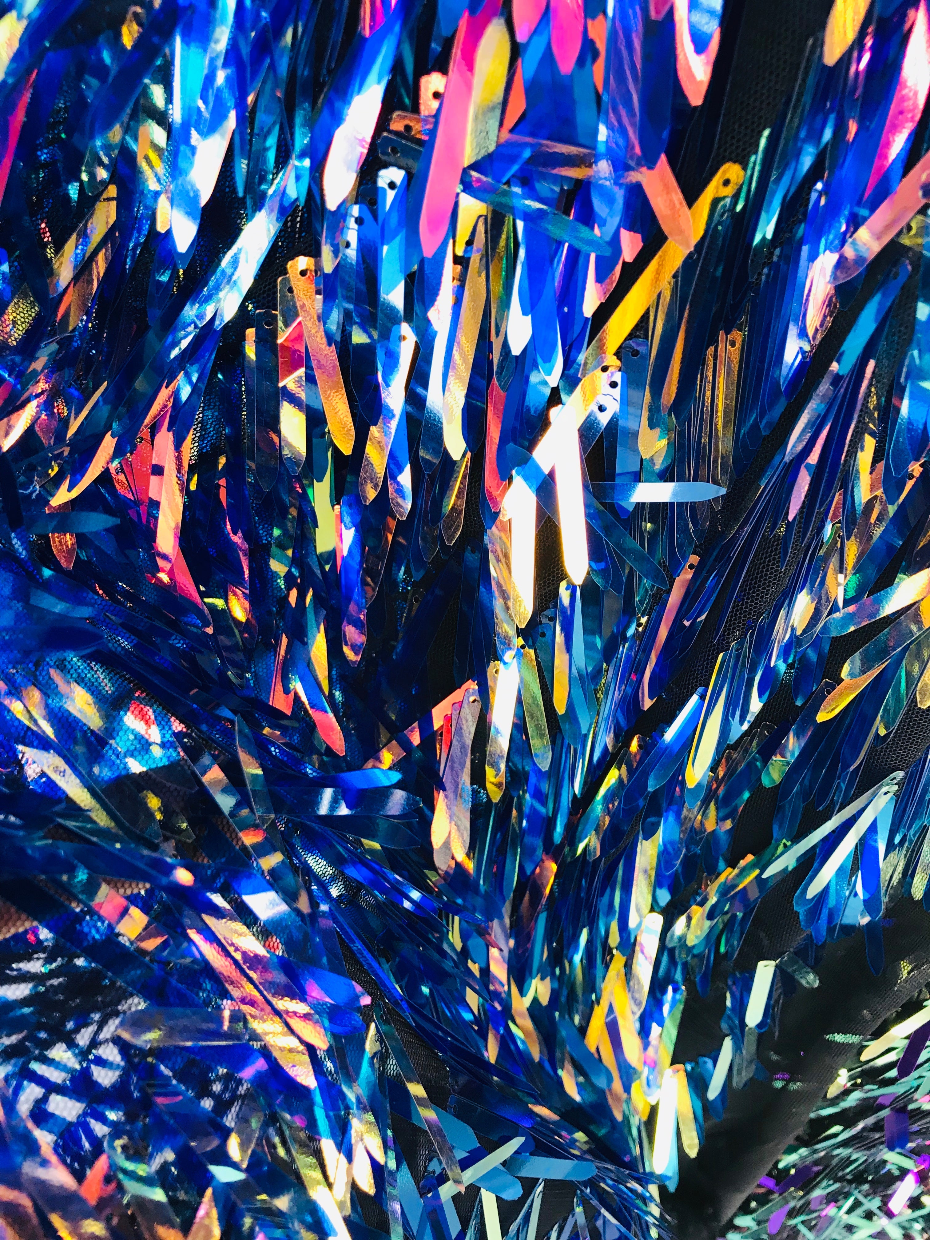 Sword Design - Blue Rainbow - Iridescent Sequins Fabric Embroidery On A Mesh For Sold By The Yard