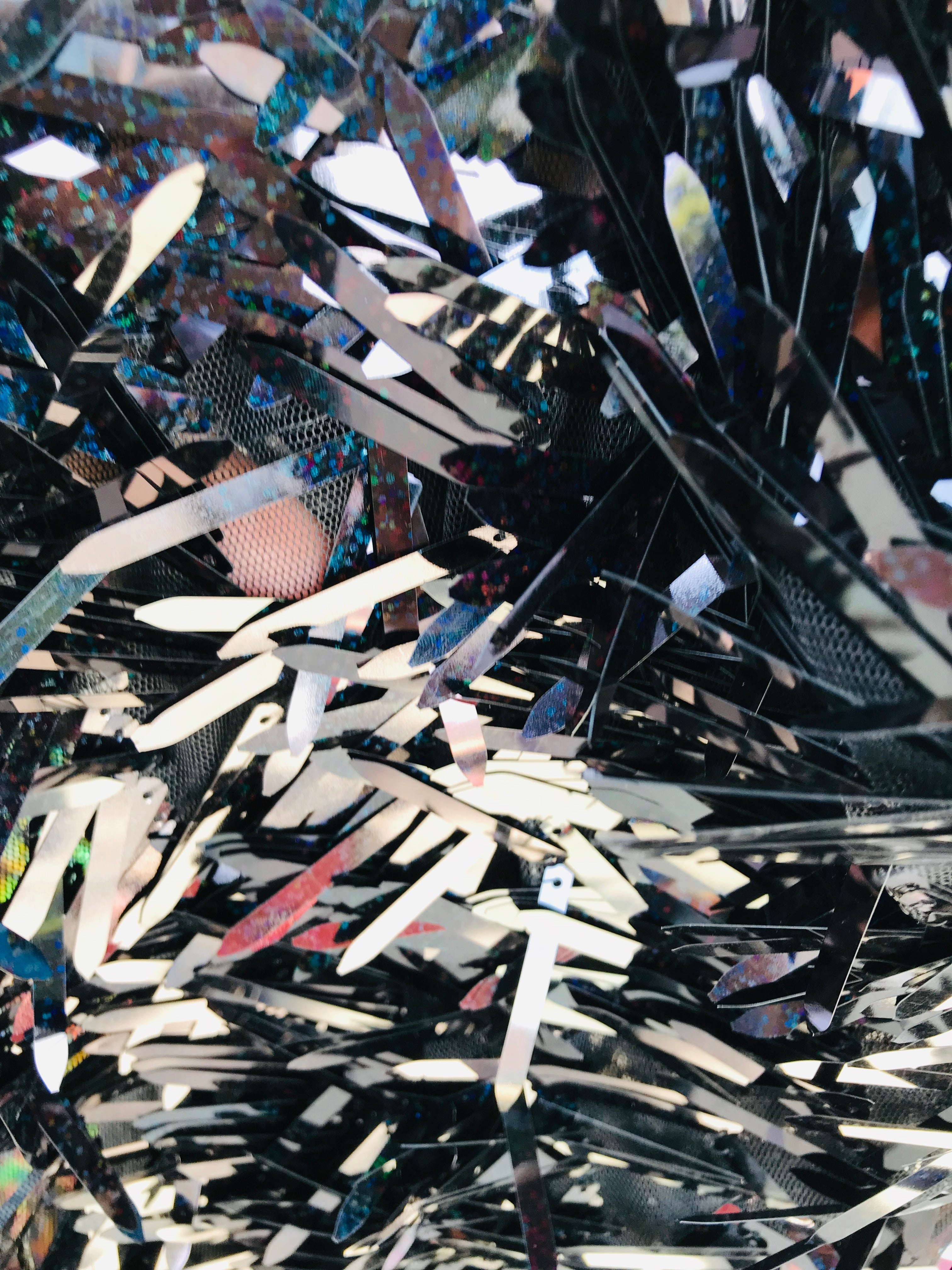 Sword Design - Black Holographic - Sequins Fabric Embroidery On A Mesh For Sold By The Yard