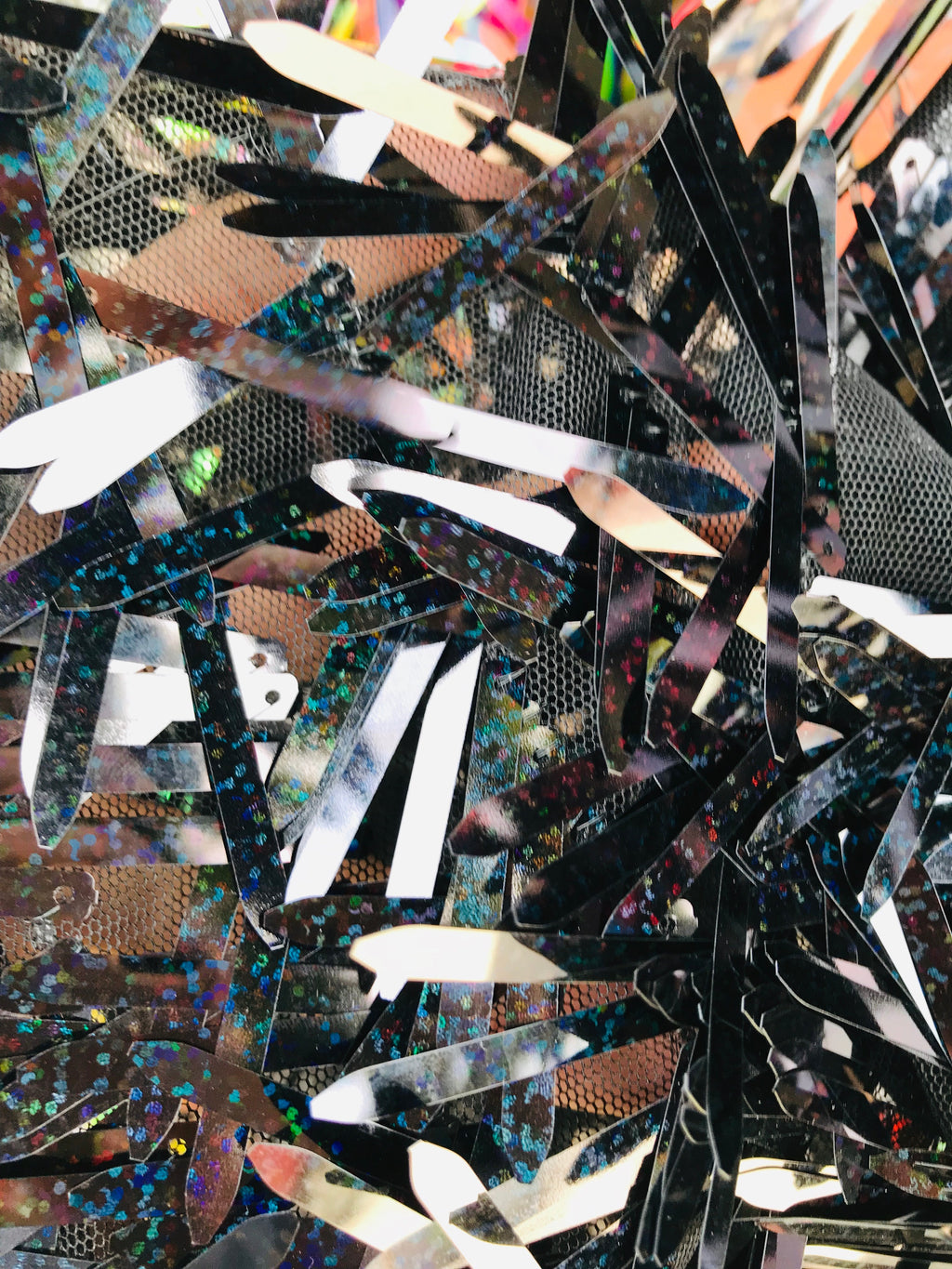 Sword Design - Black Holographic - Sequins Fabric Embroidery On A Mesh For Sold By The Yard