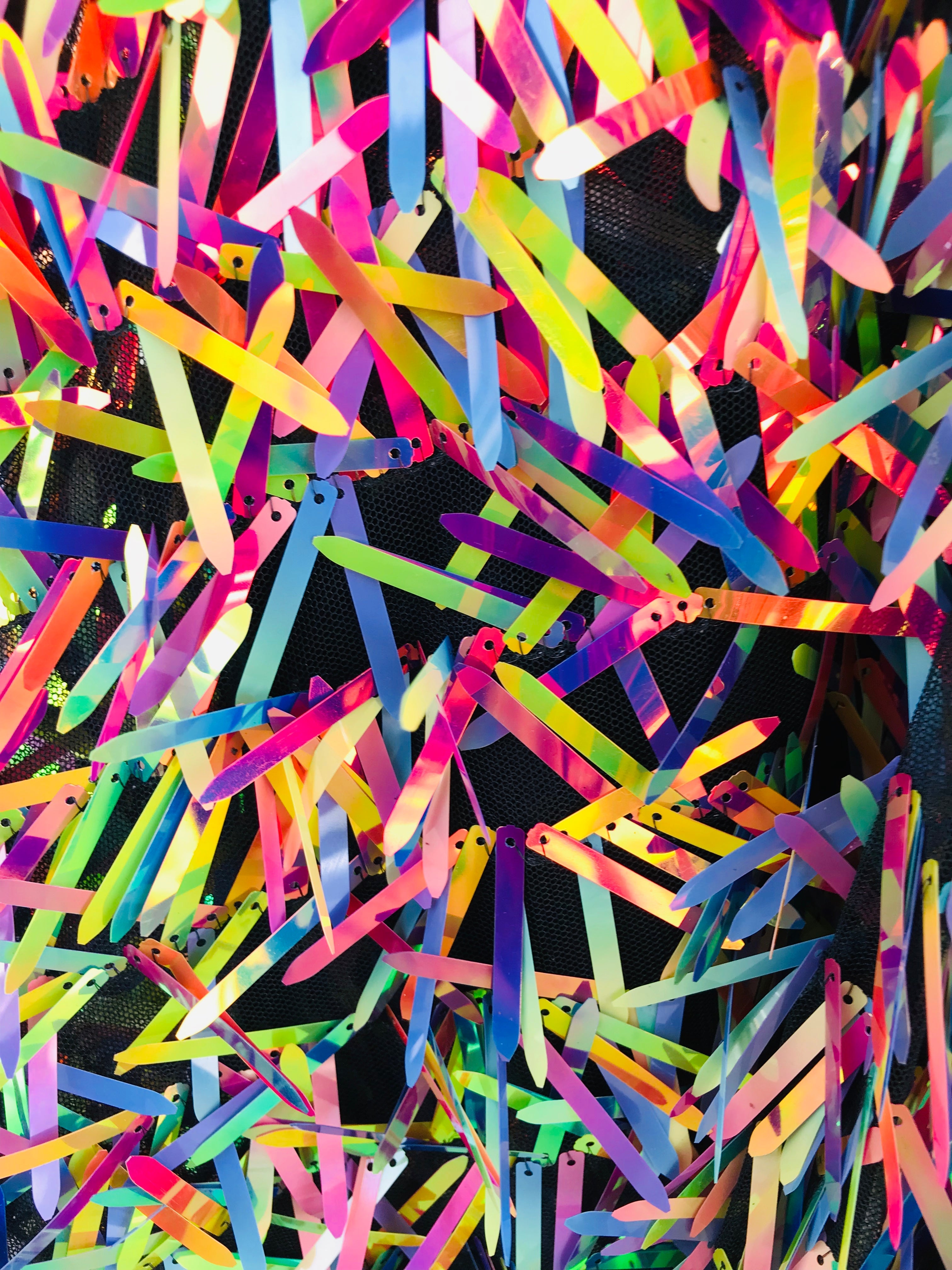 Sword Design - Rainbow - Iridescent Sequins Fabric Embroidery On A Mesh For Sold By The Yard