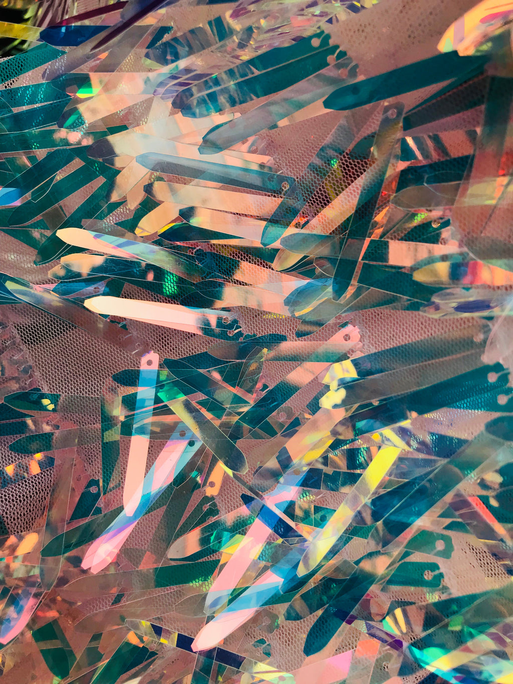 Sword Design - Clear - Iridescent Sequins Fabric Embroidery On A Mesh For Sold By The Yard