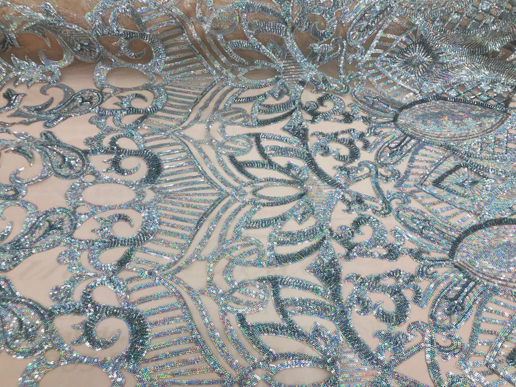 Hologram Silver Nude - 4 Way Stretch Embroidered Royalty Sequins Fancy Design Fabric By Yard