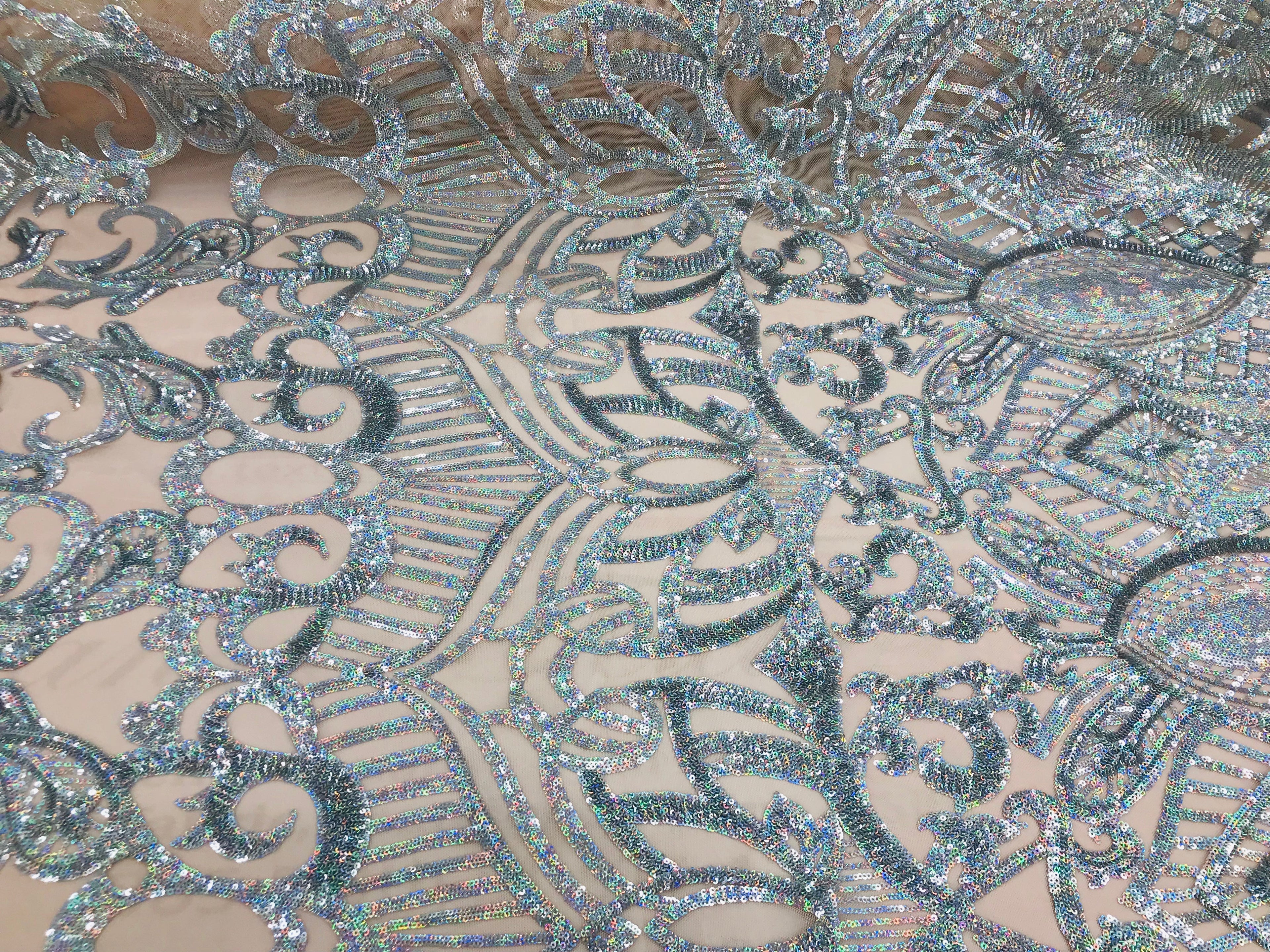 Hologram Silver Nude - 4 Way Stretch Embroidered Royalty Sequins Fancy Design Fabric By Yard