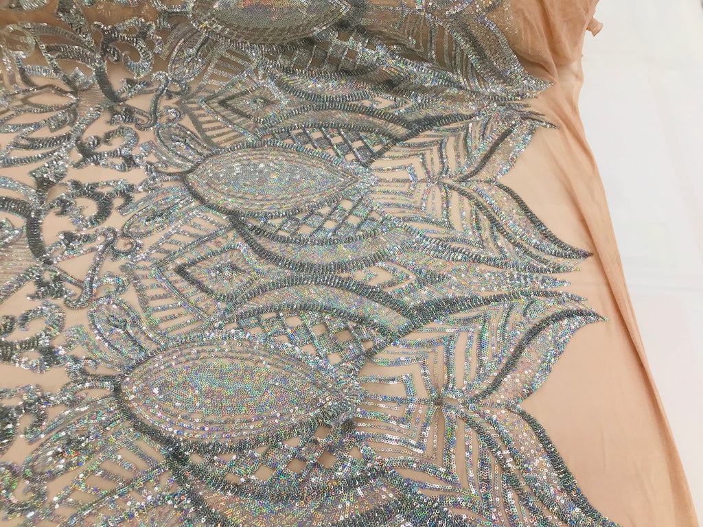 Hologram Silver Nude - 4 Way Stretch Embroidered Royalty Sequins Fancy Design Fabric By Yard