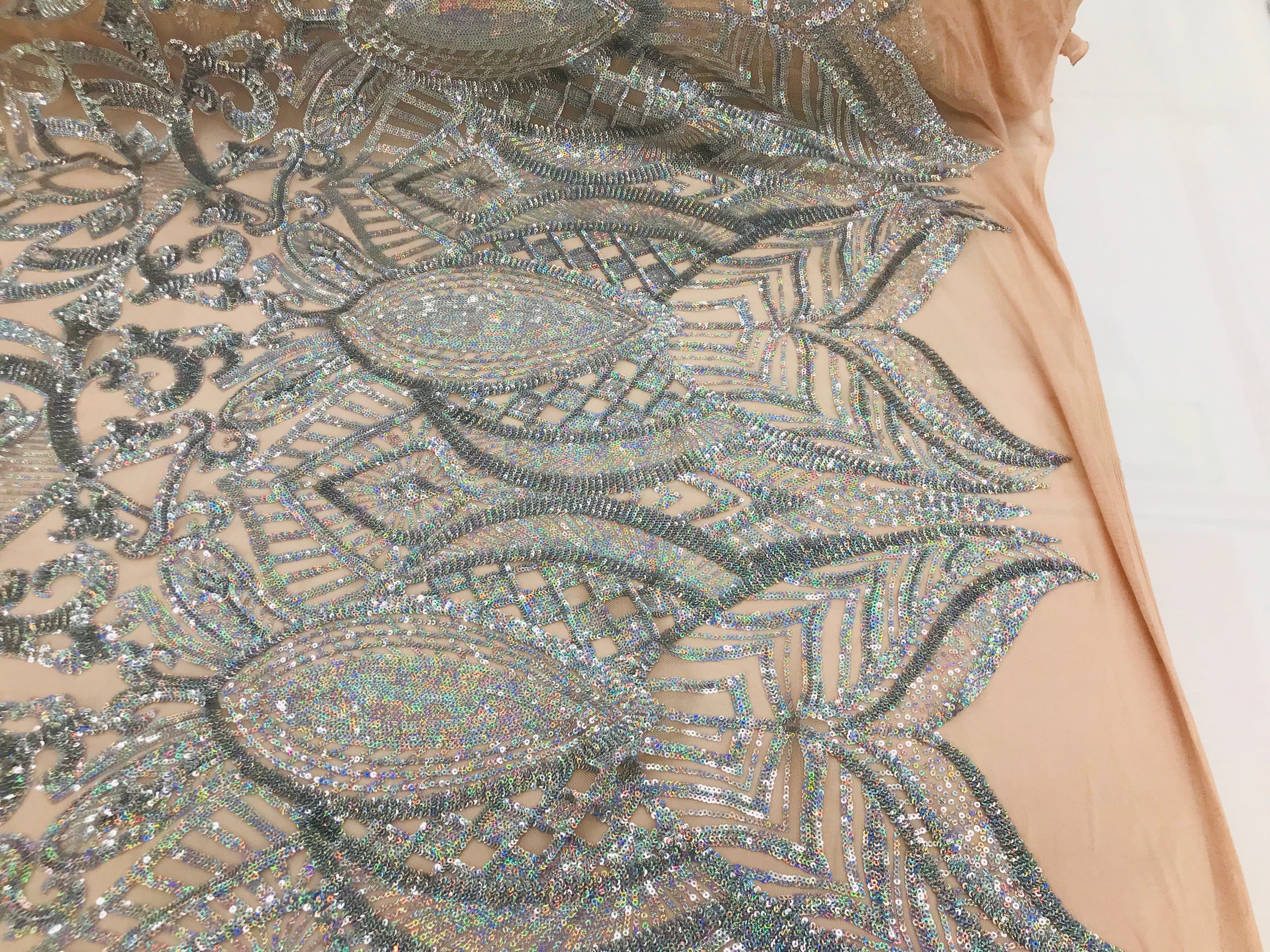 Hologram Silver Nude - 4 Way Stretch Embroidered Royalty Sequins Fancy Design Fabric By Yard